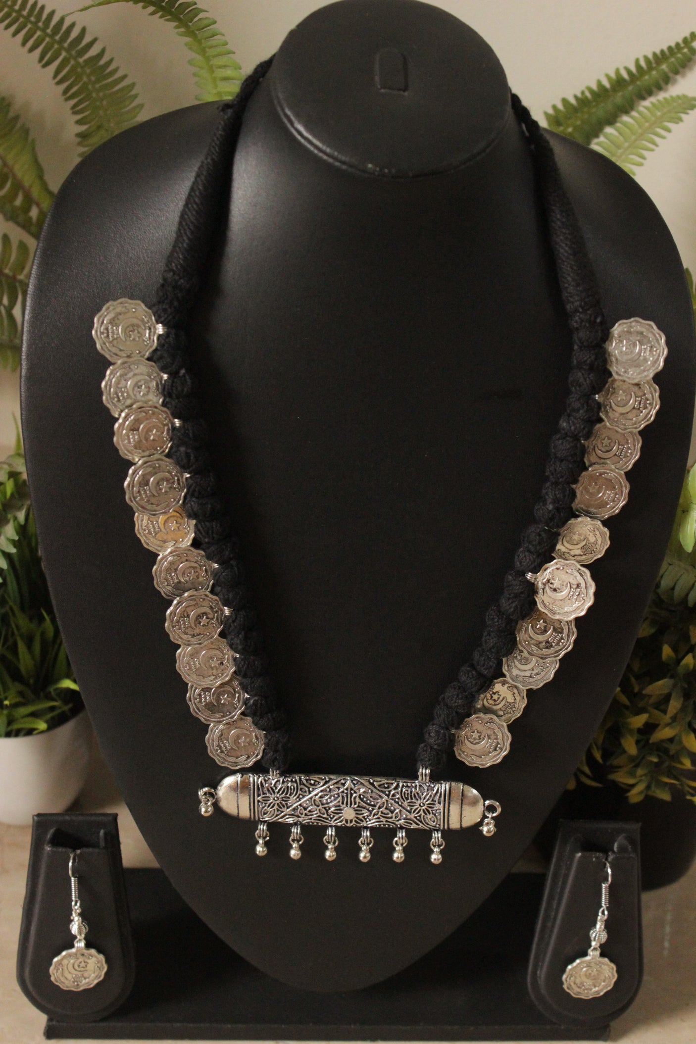 Moon and Star Stamped Metal Coins Braided with Black Fabric Threads Necklace Set