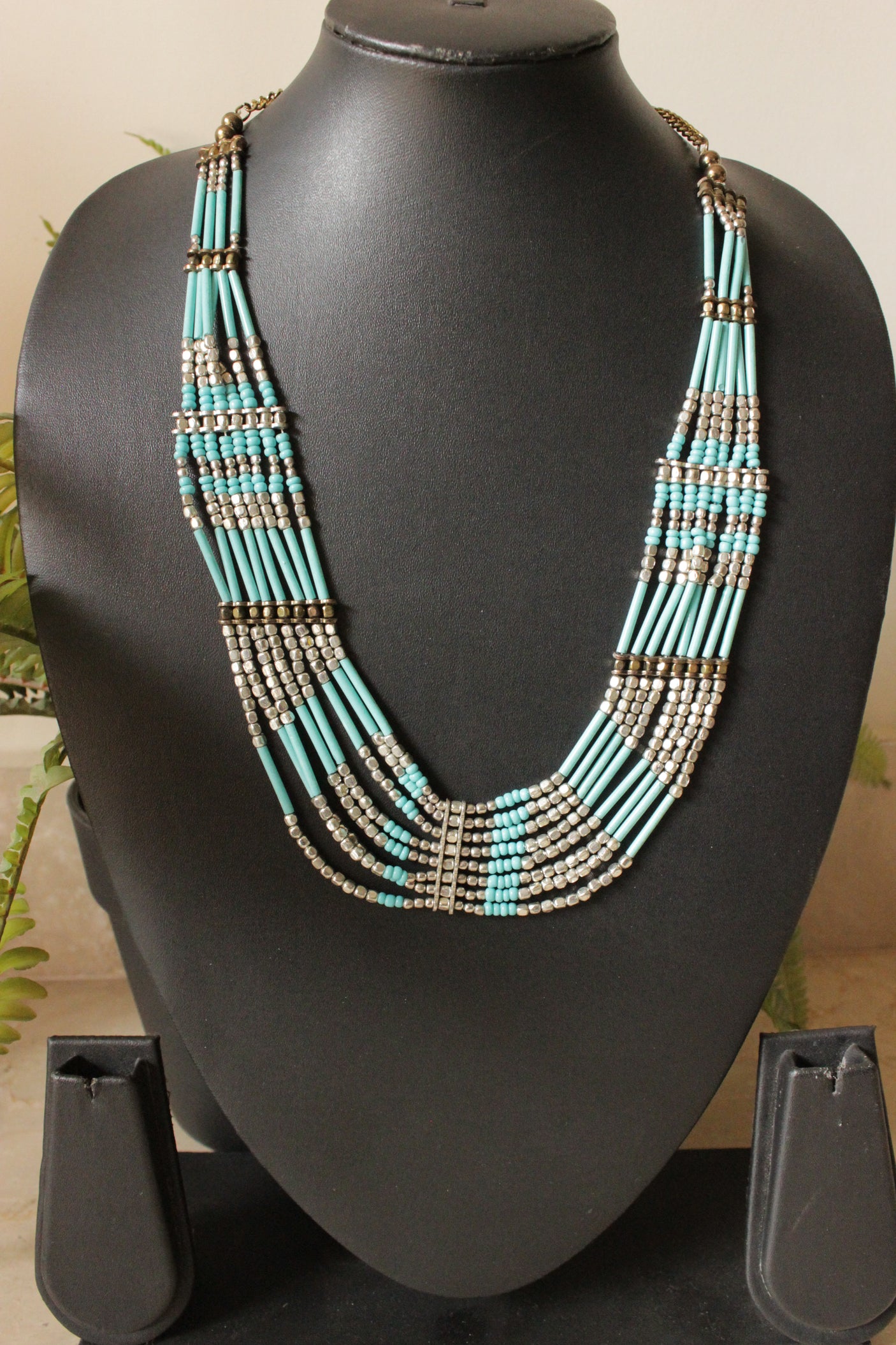 Blue Acrylic Beads and Grey Metal Beads Multi-Layer Handmade Necklace
