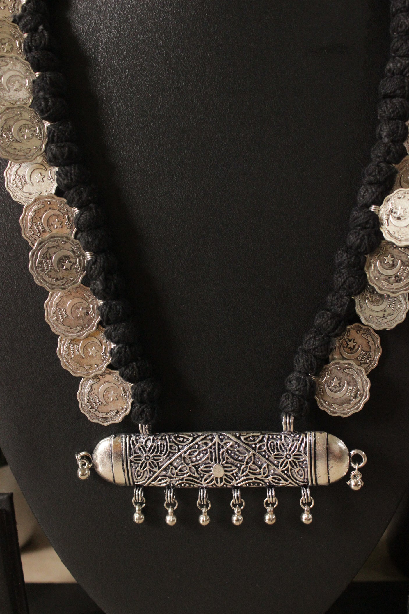 Moon and Star Stamped Metal Coins Braided with Black Fabric Threads Necklace Set