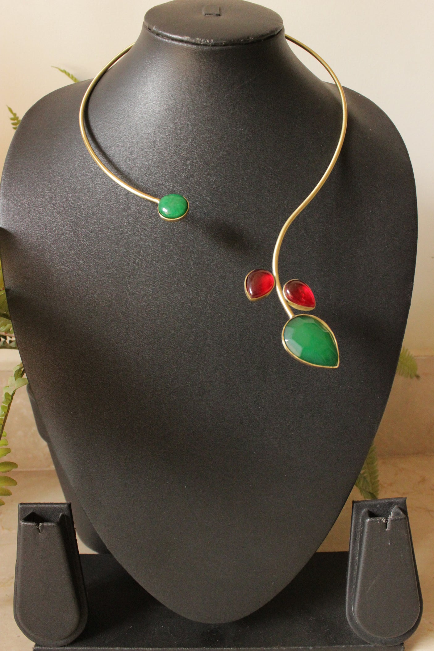 Gold Toned Brass Choker Necklace Embedded with Red and Green Gemstones