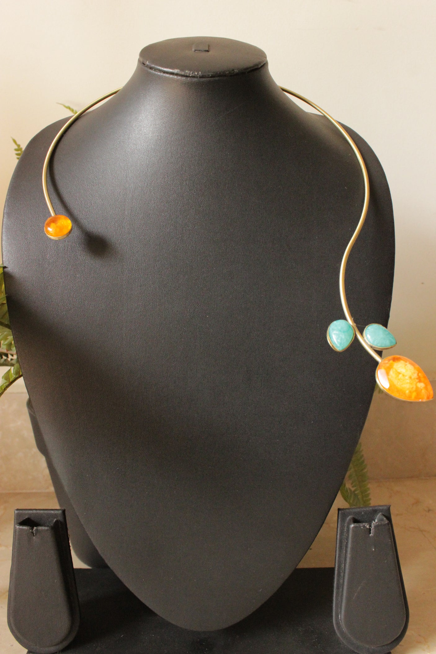 Gold Toned Brass Choker Necklace Embedded with Orange and Blue Gemstones