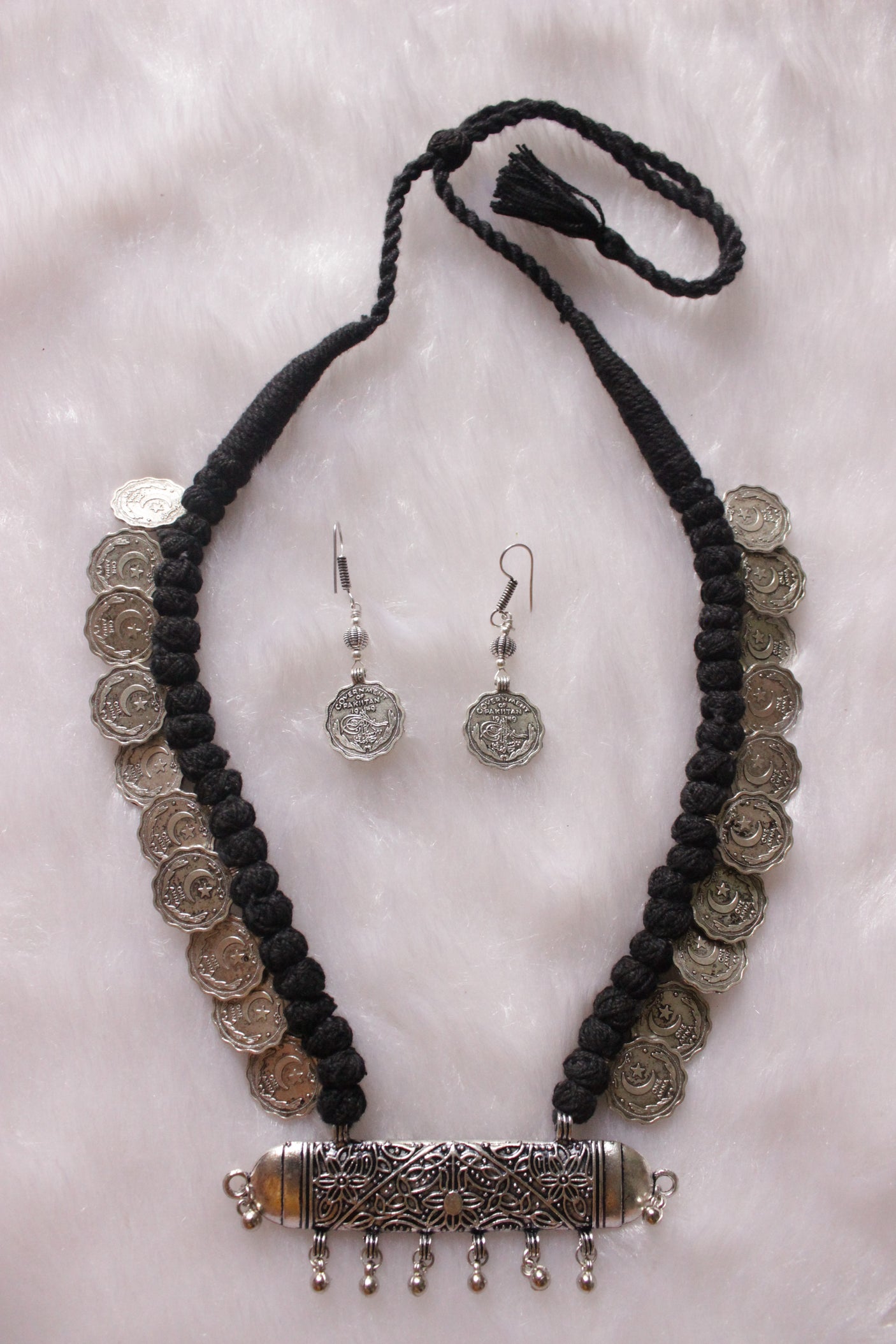 Moon and Star Stamped Metal Coins Braided with Black Fabric Threads Necklace Set
