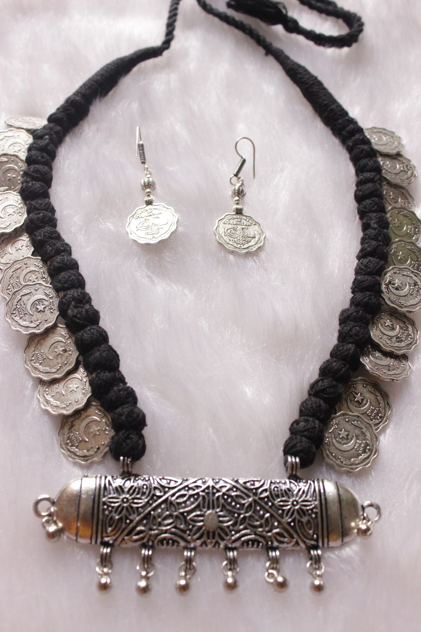Moon and Star Stamped Metal Coins Braided with Black Fabric Threads Necklace Set