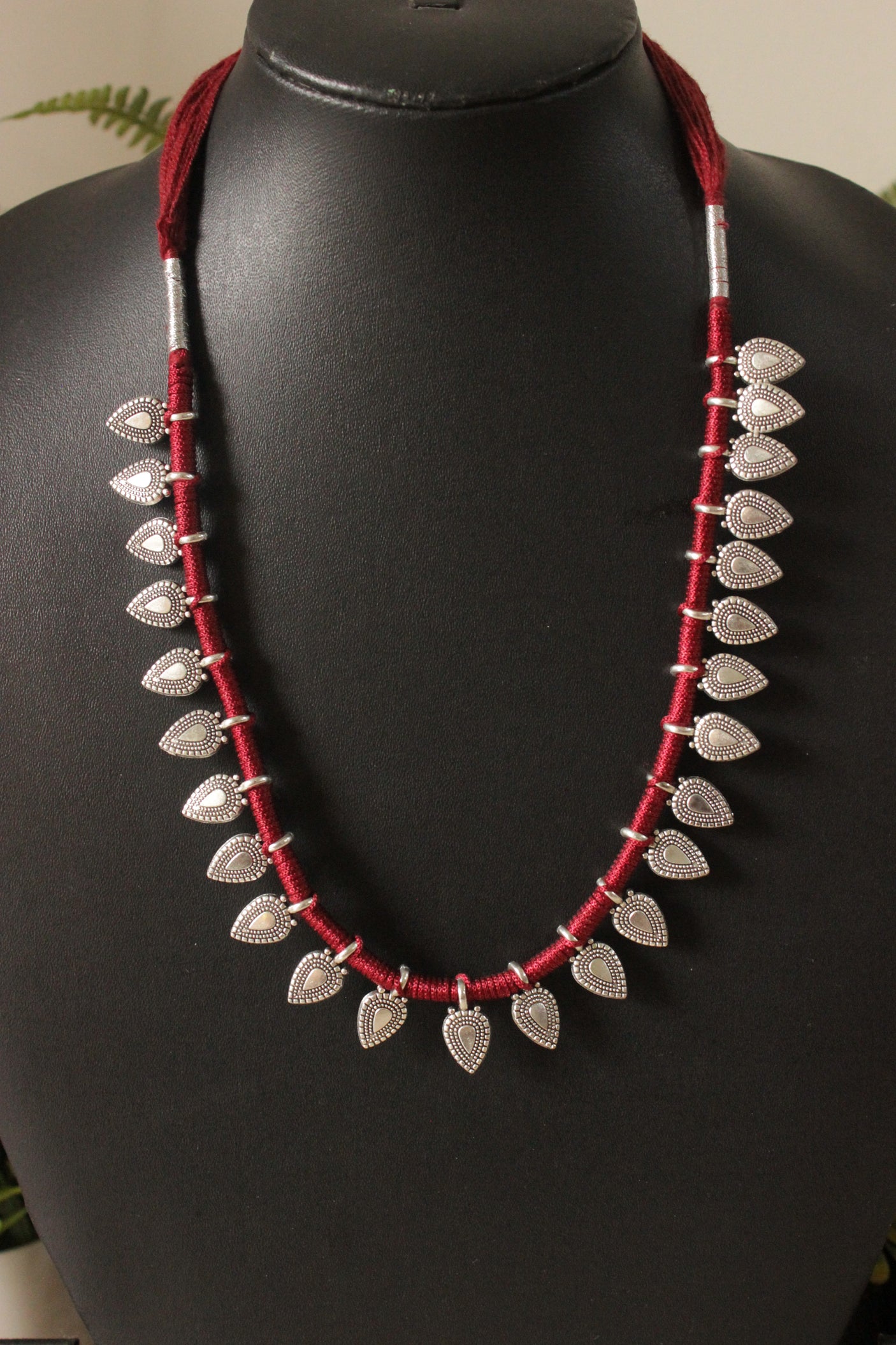 Tear Drop Shaped Silver Metal Charms Braided in Red Thread Necklace Set