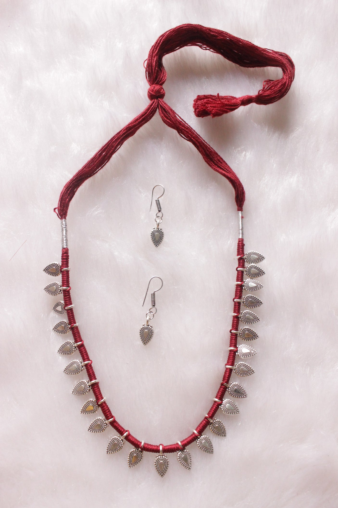 Tear Drop Shaped Silver Metal Charms Braided in Red Thread Necklace Set
