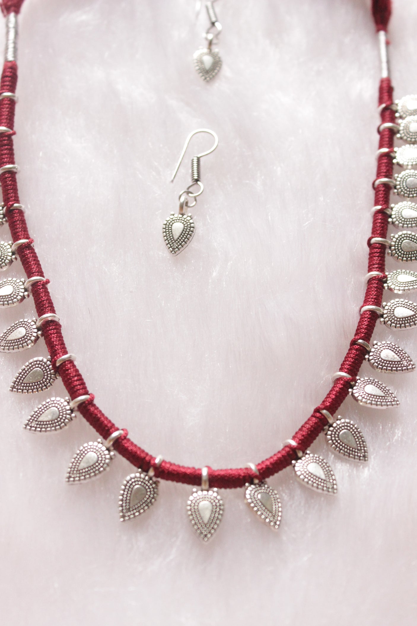 Tear Drop Shaped Silver Metal Charms Braided in Red Thread Necklace Set