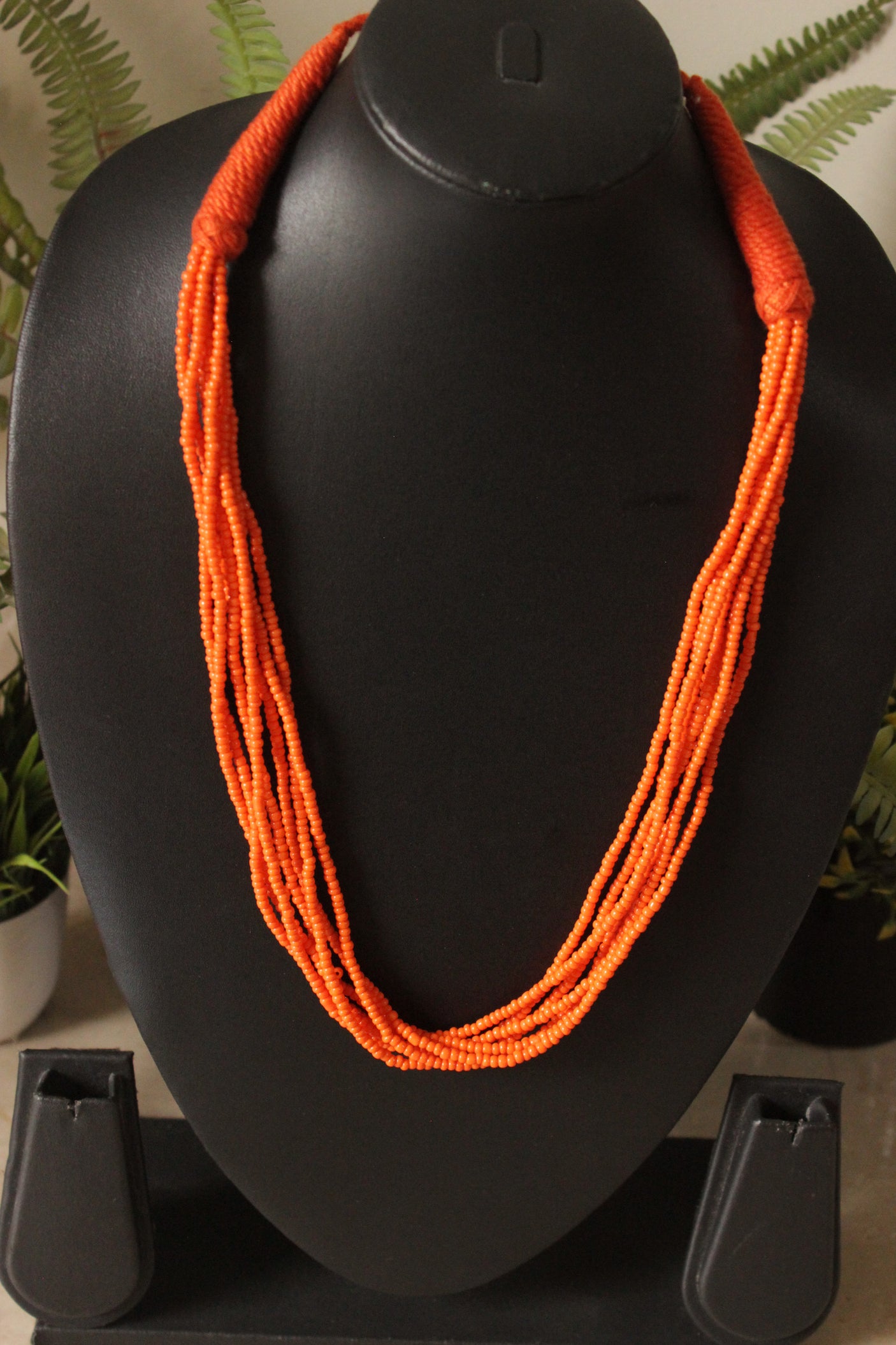 Orange Beads Braided in Fabric Threads Necklace