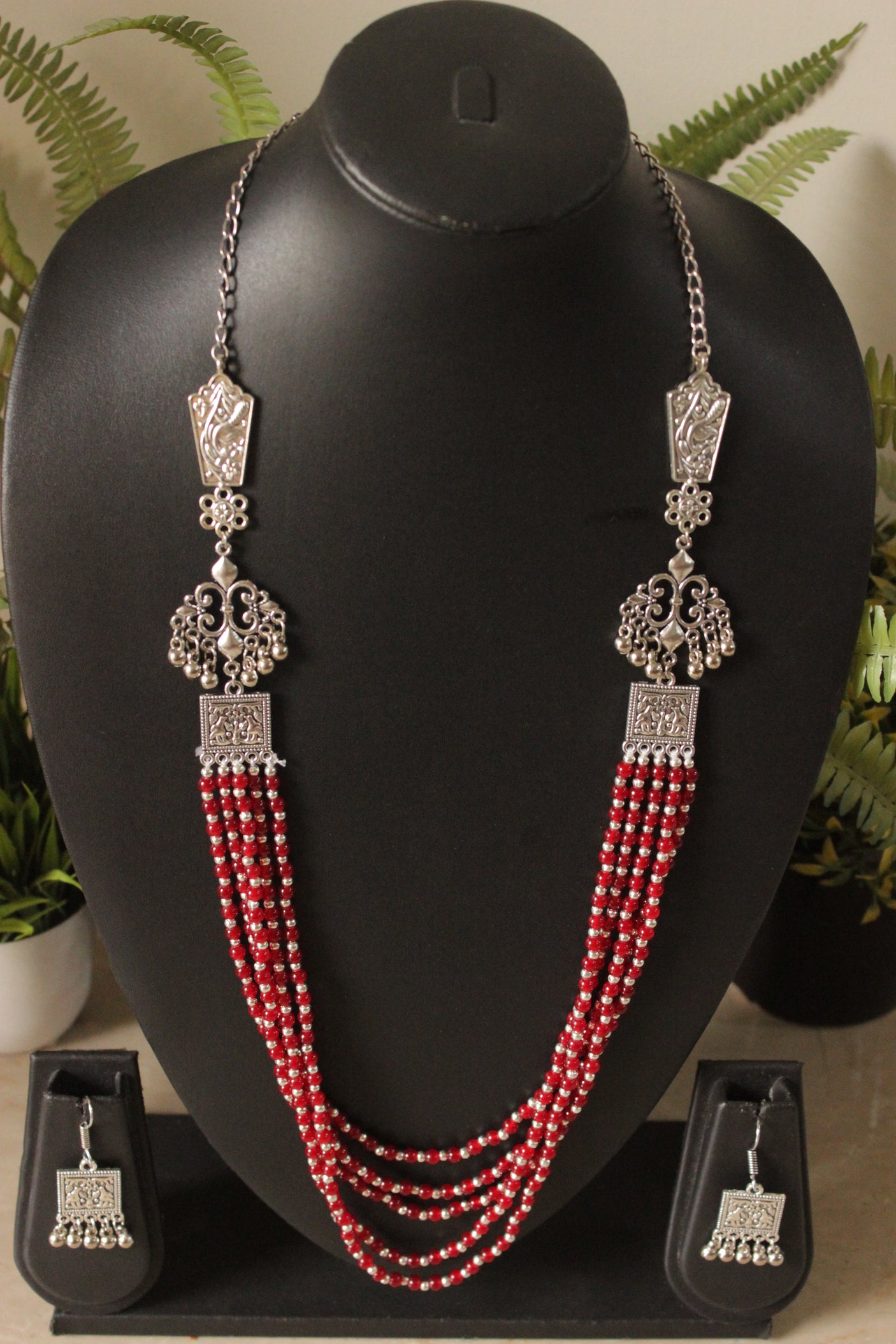 Red Glass Beads and Metal Beads Braided 5 Layer Necklace Set with Metal Charms