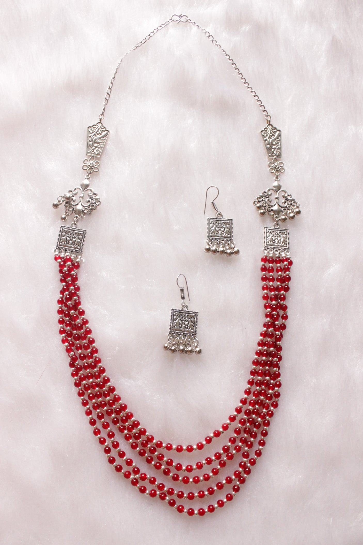Red Glass Beads and Metal Beads Braided 5 Layer Necklace Set with Metal Charms