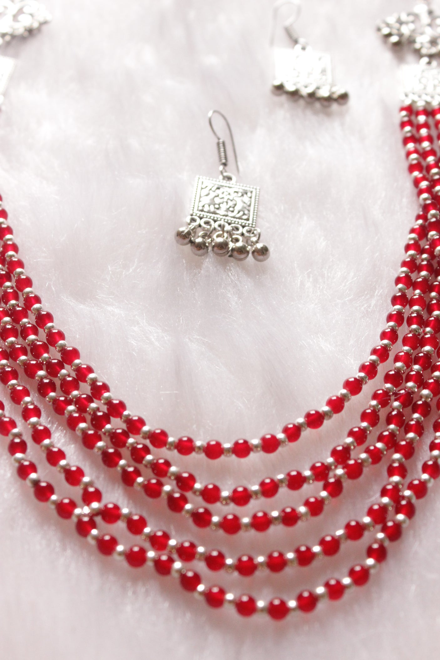 Red Glass Beads and Metal Beads Braided 5 Layer Necklace Set with Metal Charms