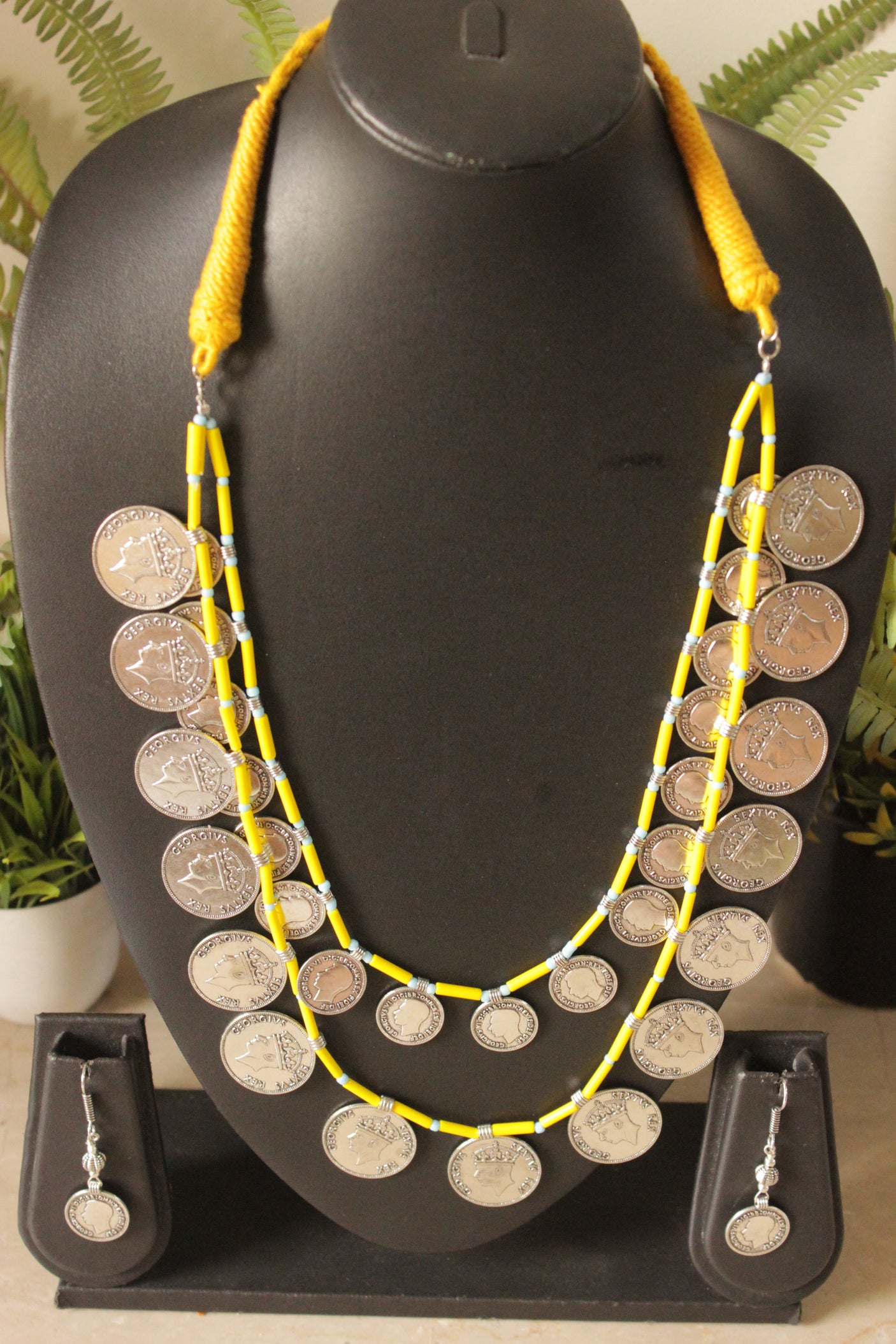 2 Layer Lemon Yellow Beads and Vintage Stamped Metal Coins Braided Necklace Set