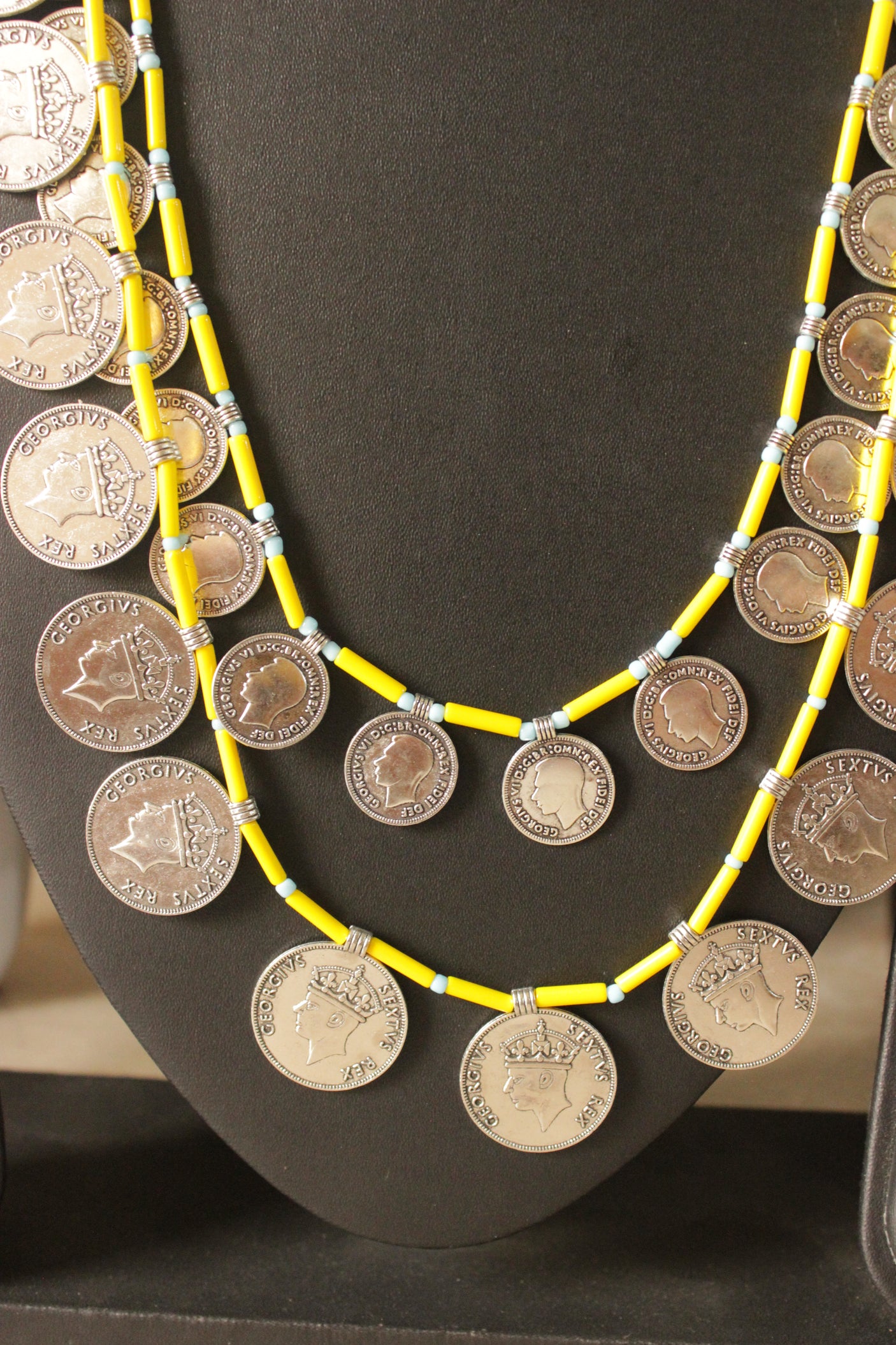 2 Layer Lemon Yellow Beads and Vintage Stamped Metal Coins Braided Necklace Set