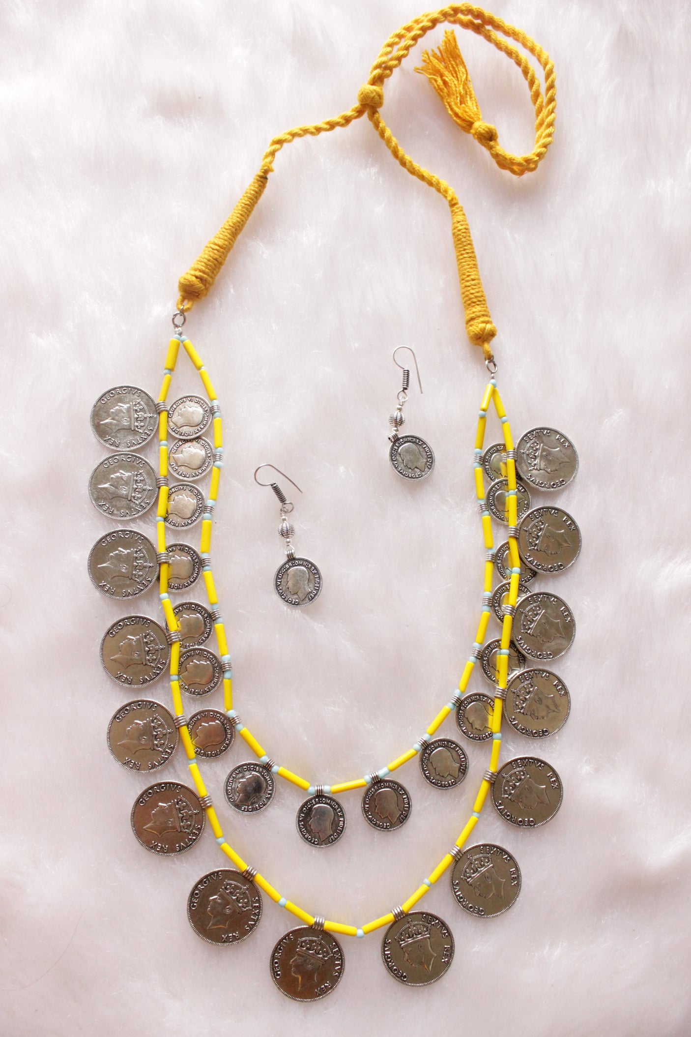 2 Layer Lemon Yellow Beads and Vintage Stamped Metal Coins Braided Necklace Set