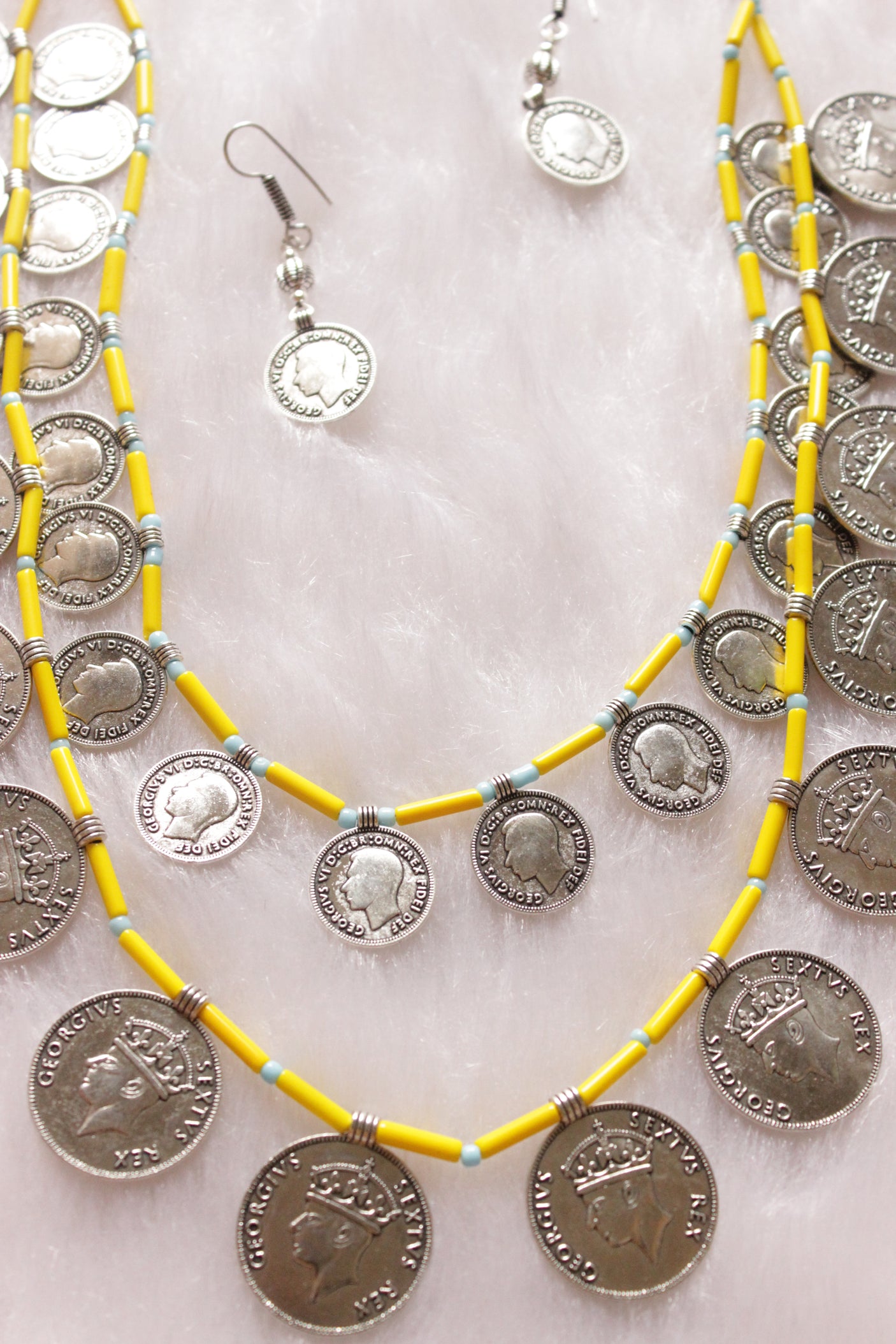 2 Layer Lemon Yellow Beads and Vintage Stamped Metal Coins Braided Necklace Set