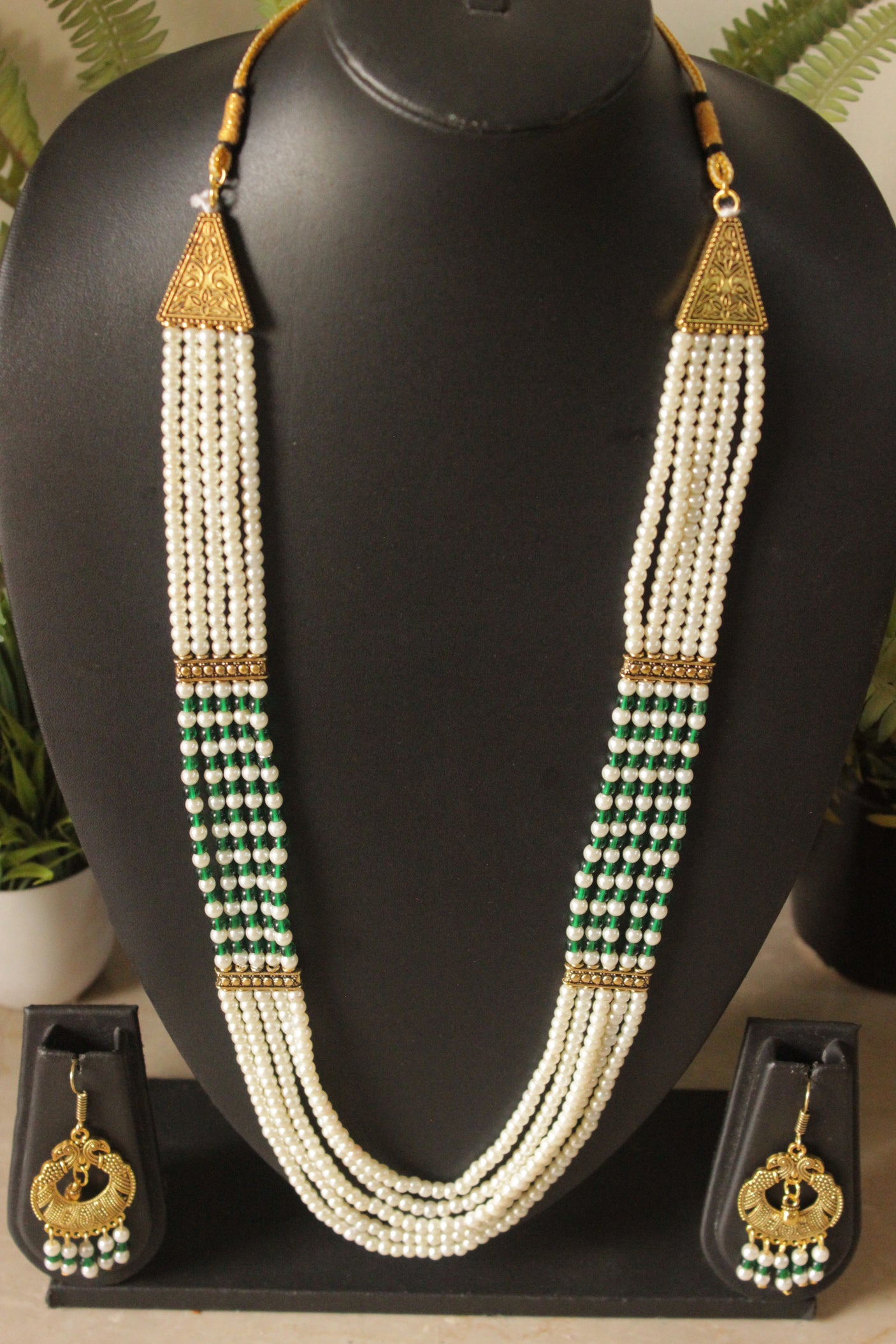White and Green Braided Beads Layer Necklace Set Embellished with Gold Finish Metal Accents