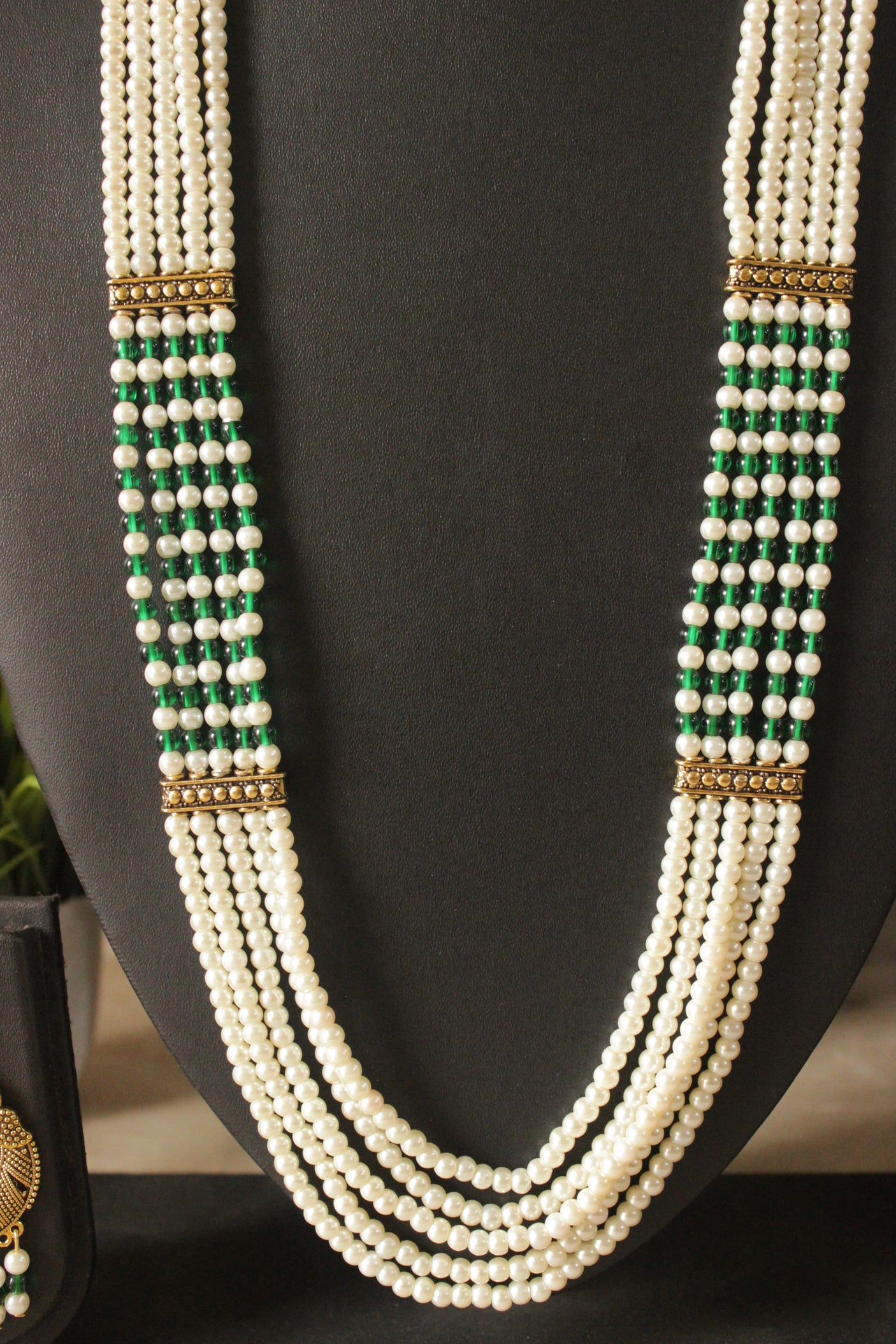 White and Green Braided Beads Layer Necklace Set Embellished with Gold Finish Metal Accents