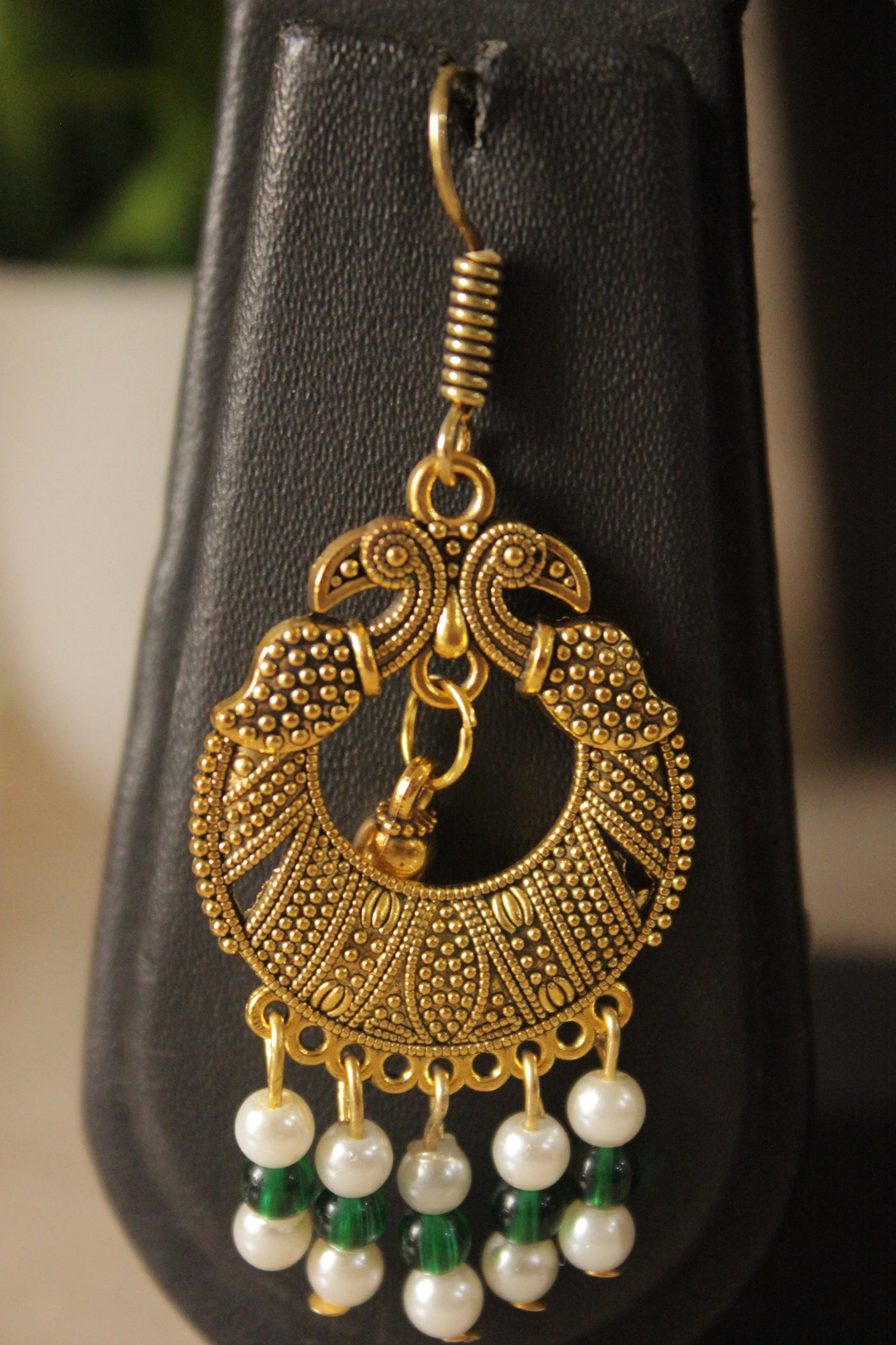 White and Green Braided Beads Layer Necklace Set Embellished with Gold Finish Metal Accents