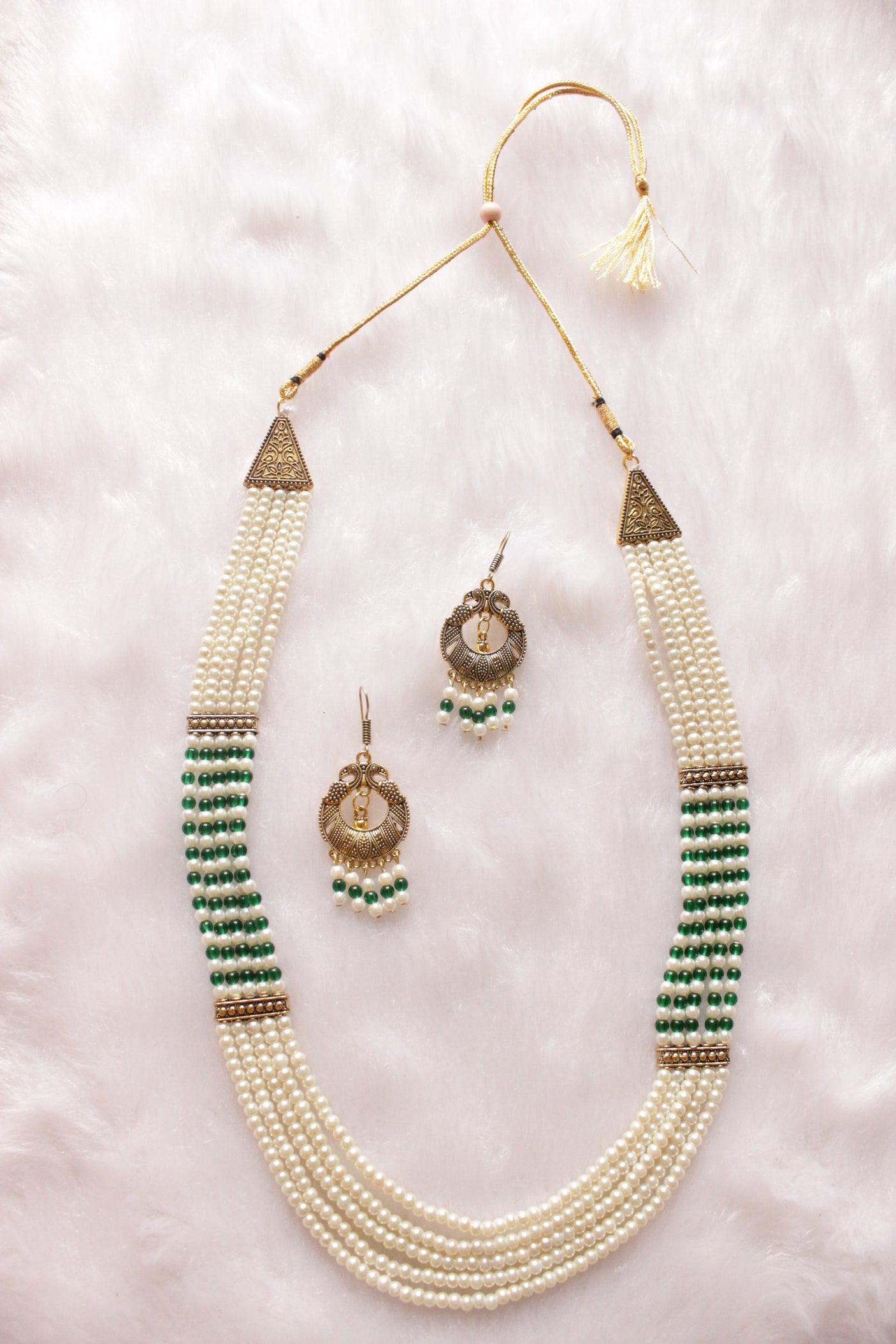White and Green Braided Beads Layer Necklace Set Embellished with Gold Finish Metal Accents