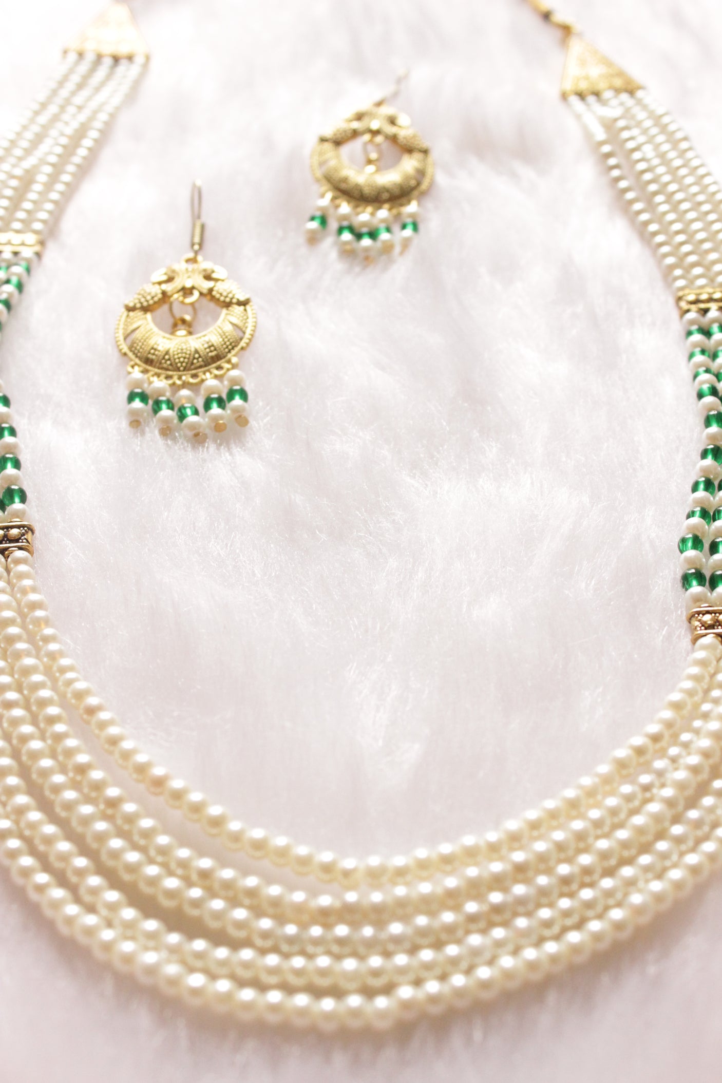 White and Green Braided Beads Layer Necklace Set Embellished with Gold Finish Metal Accents