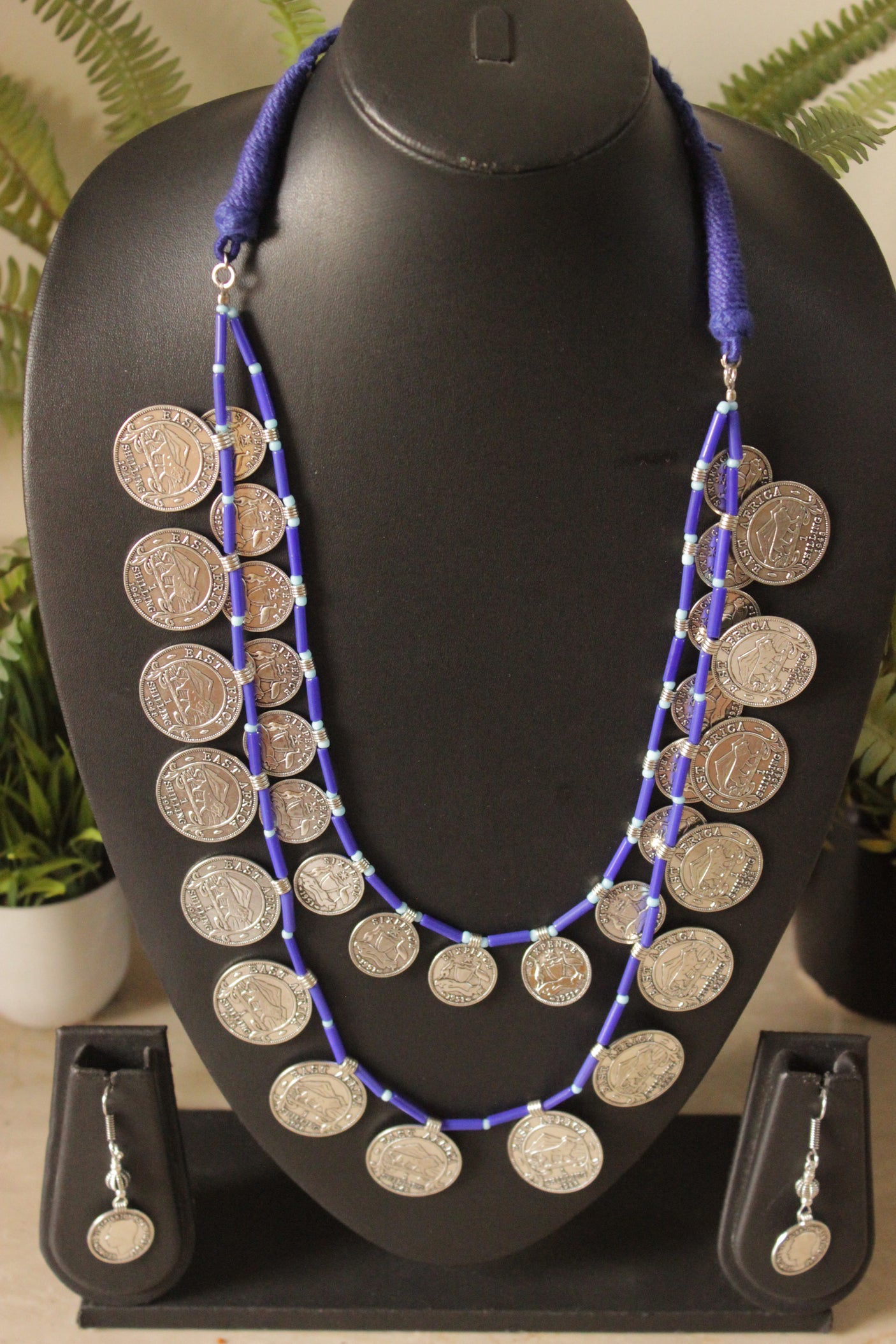 2 Layer Violet Beads and Vintage Stamped Metal Coins Braided Necklace Set