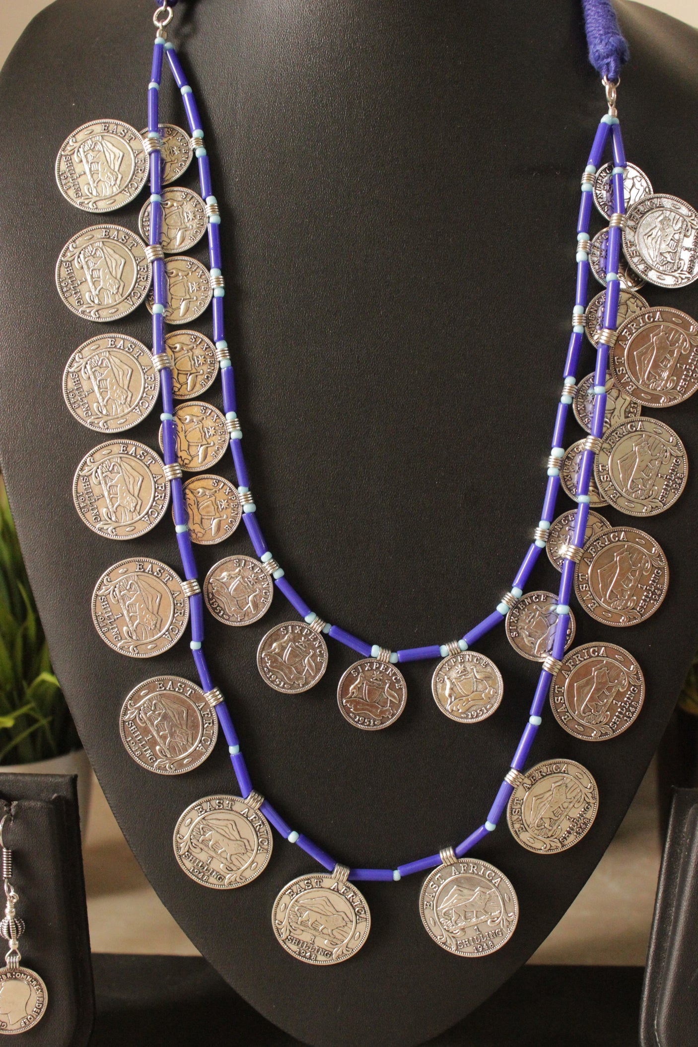 2 Layer Violet Beads and Vintage Stamped Metal Coins Braided Necklace Set