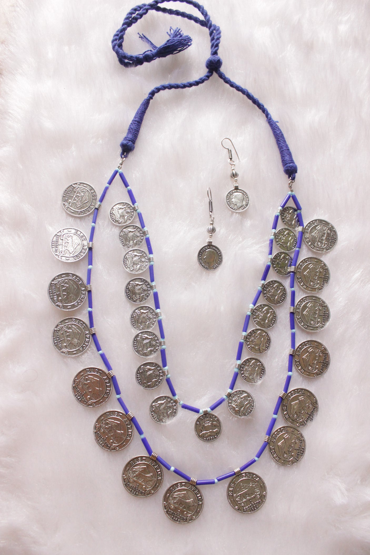 2 Layer Violet Beads and Vintage Stamped Metal Coins Braided Necklace Set