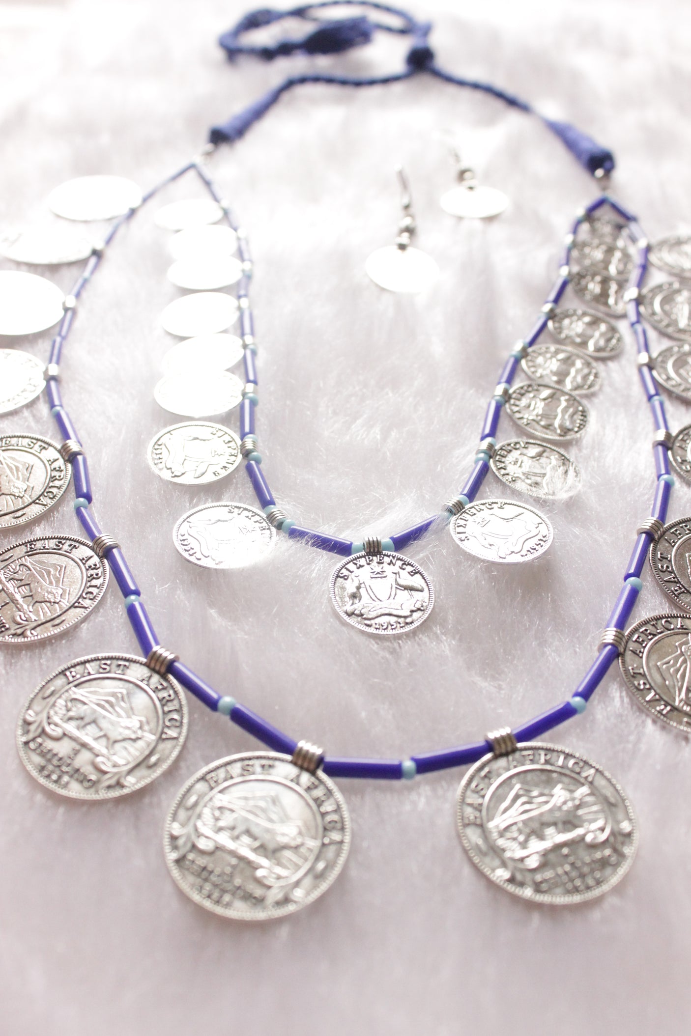 2 Layer Violet Beads and Vintage Stamped Metal Coins Braided Necklace Set