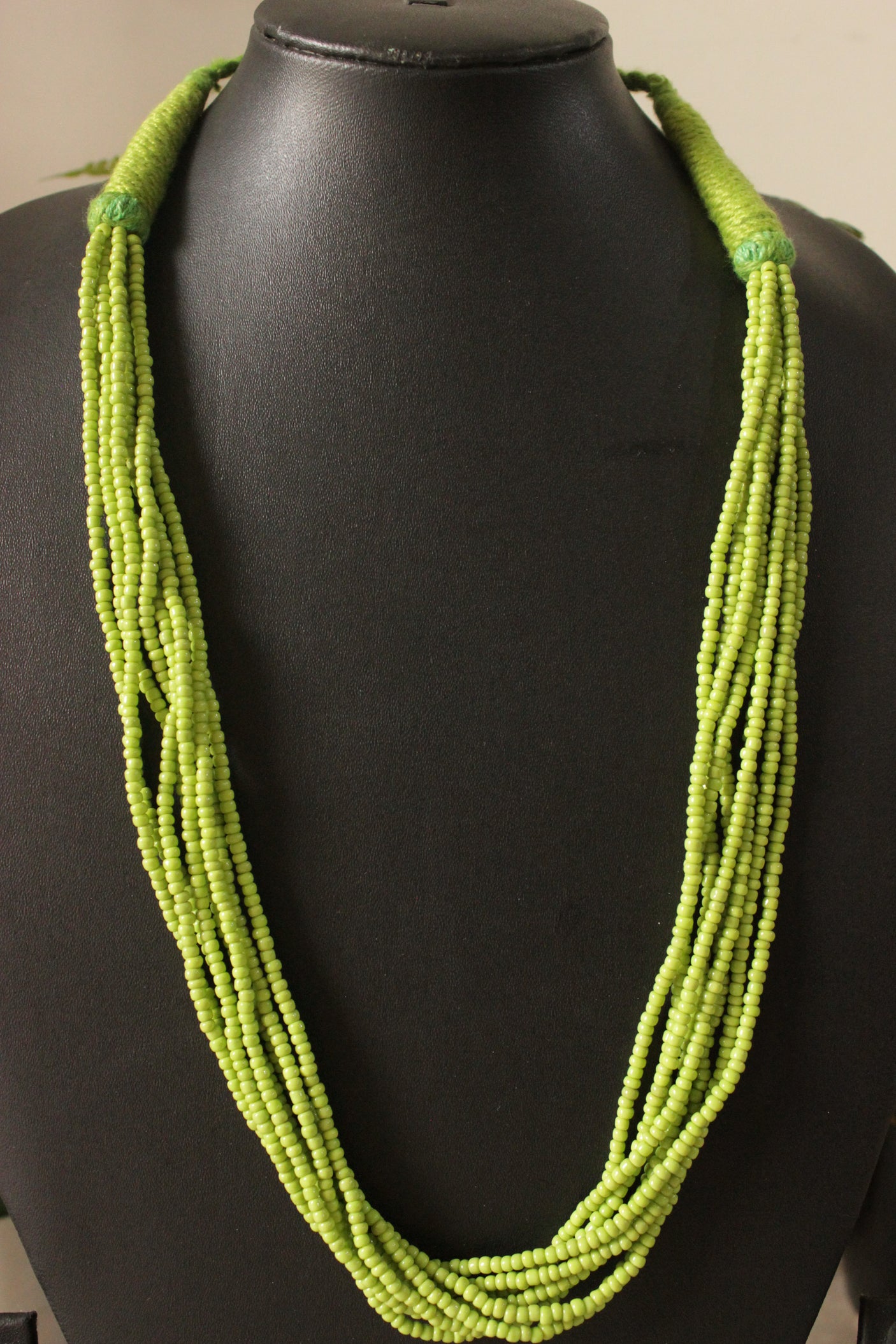 Green Beads Braided in Fabric Threads Necklace