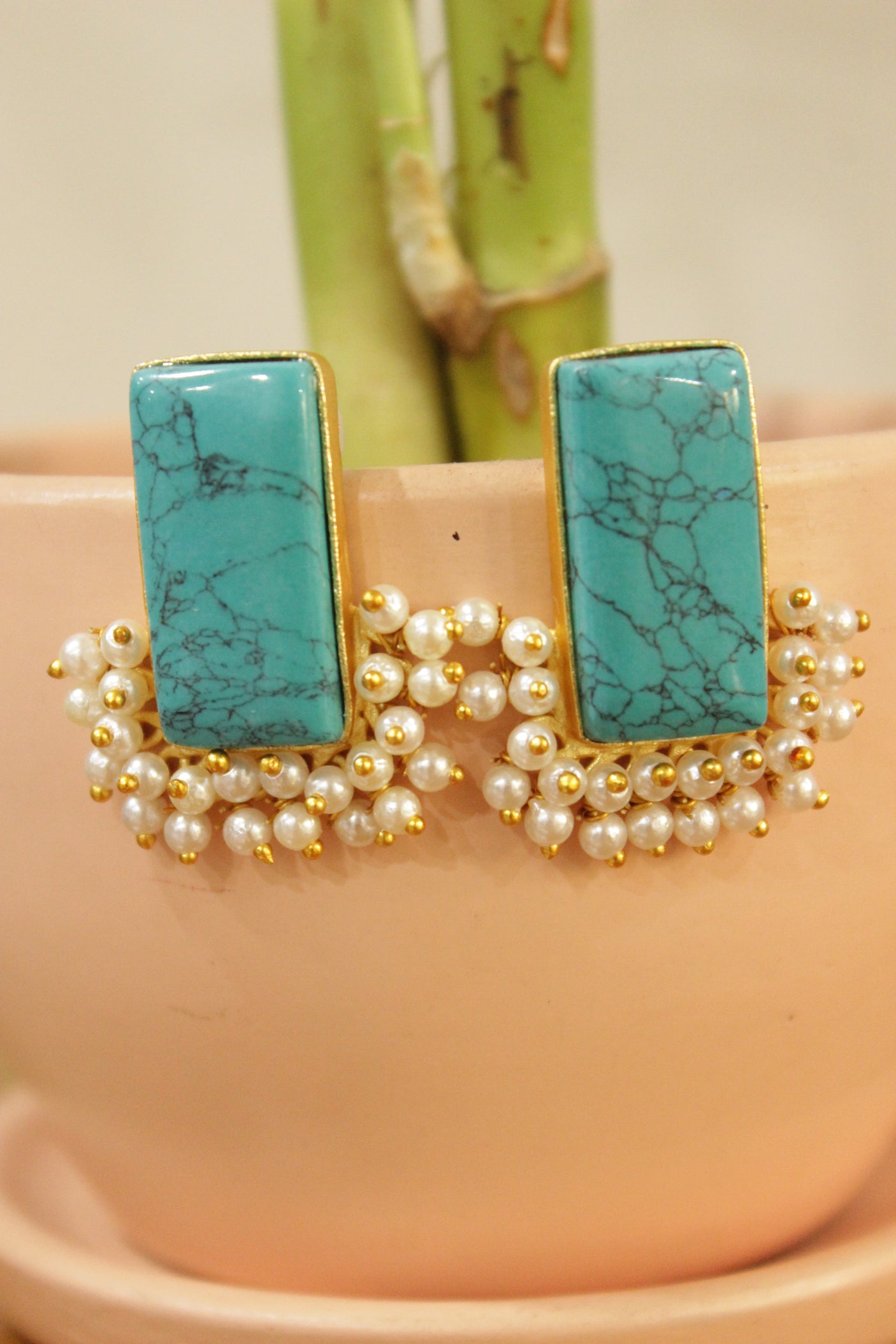 Turquoise Center Peice Raw Natural Gemstones Embedded Gold Finish Stud Earrings