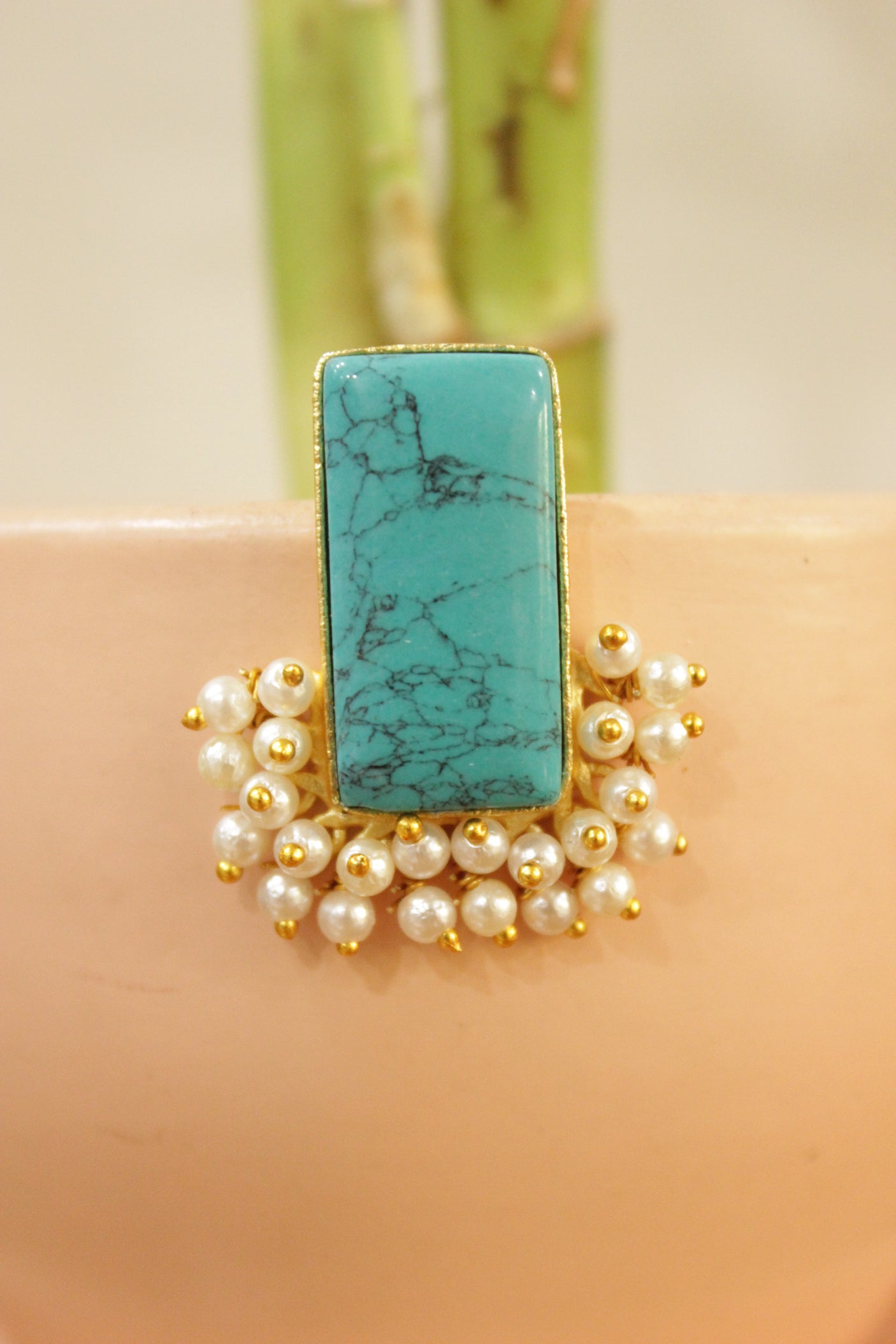 Turquoise Center Peice Raw Natural Gemstones Embedded Gold Finish Stud Earrings