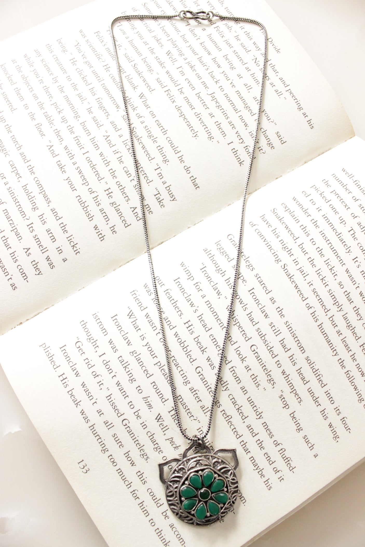 Green Gemstones Embedded Circular Pendant Oxidised Silver Chain Necklace