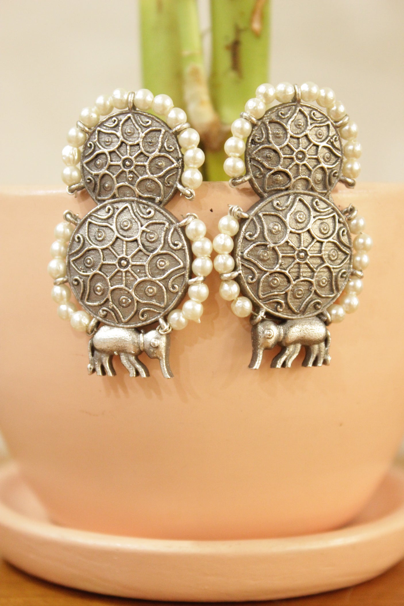 Premium Oxidised Silver Finish 2 Layer Circular Hand Carved Brass Metal Earrings