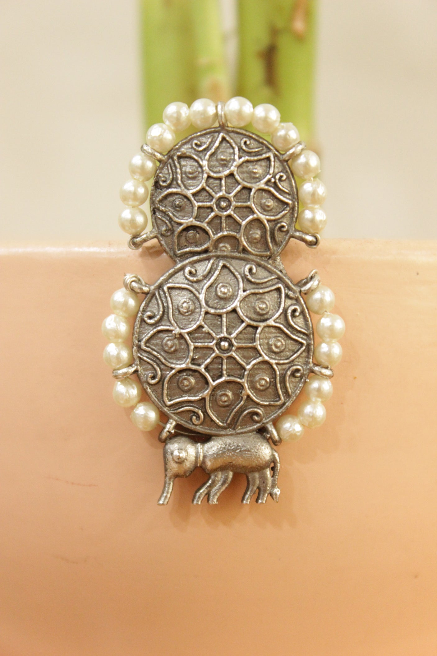 Premium Oxidised Silver Finish 2 Layer Circular Hand Carved Brass Metal Earrings