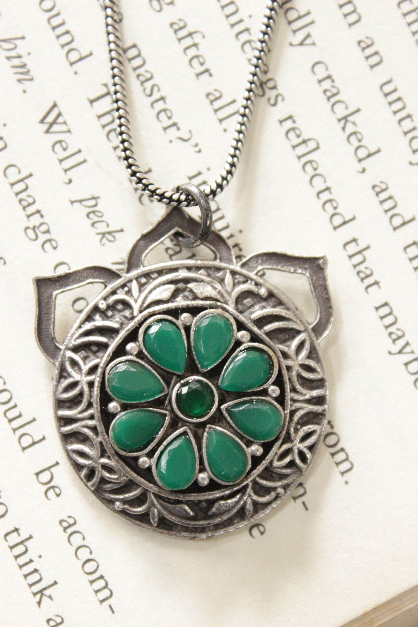 Green Gemstones Embedded Circular Pendant Oxidised Silver Chain Necklace