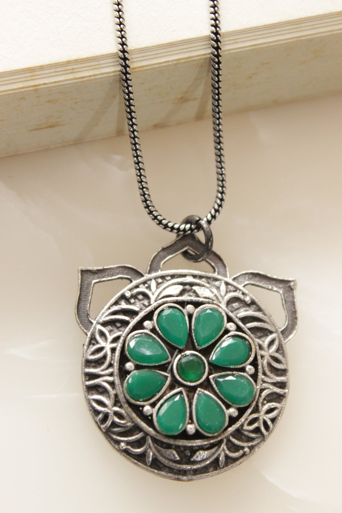 Green Gemstones Embedded Circular Pendant Oxidised Silver Chain Necklace