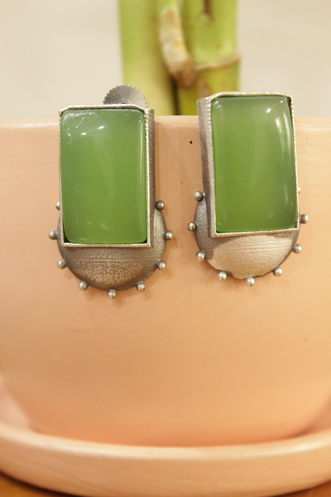 Clear Sea Green Statement Center Stone Embedded Oxidised Finish Brass Stud Earrings