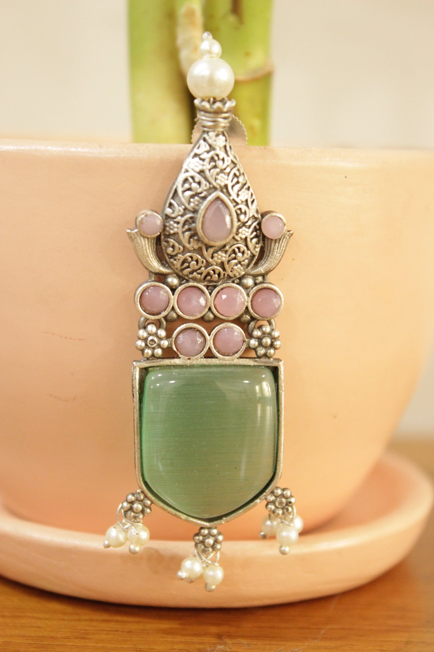 Sea Green Statement Stone Embedded Oxidised Finish Brass Earrings