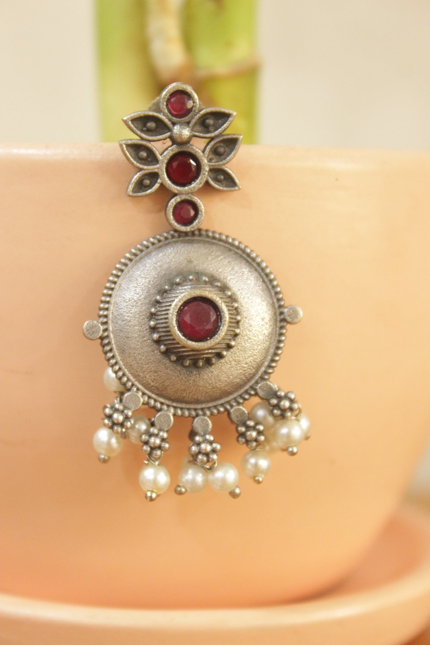 Red Glass Stones Embedded Oxidised Finish Brass Earrings
