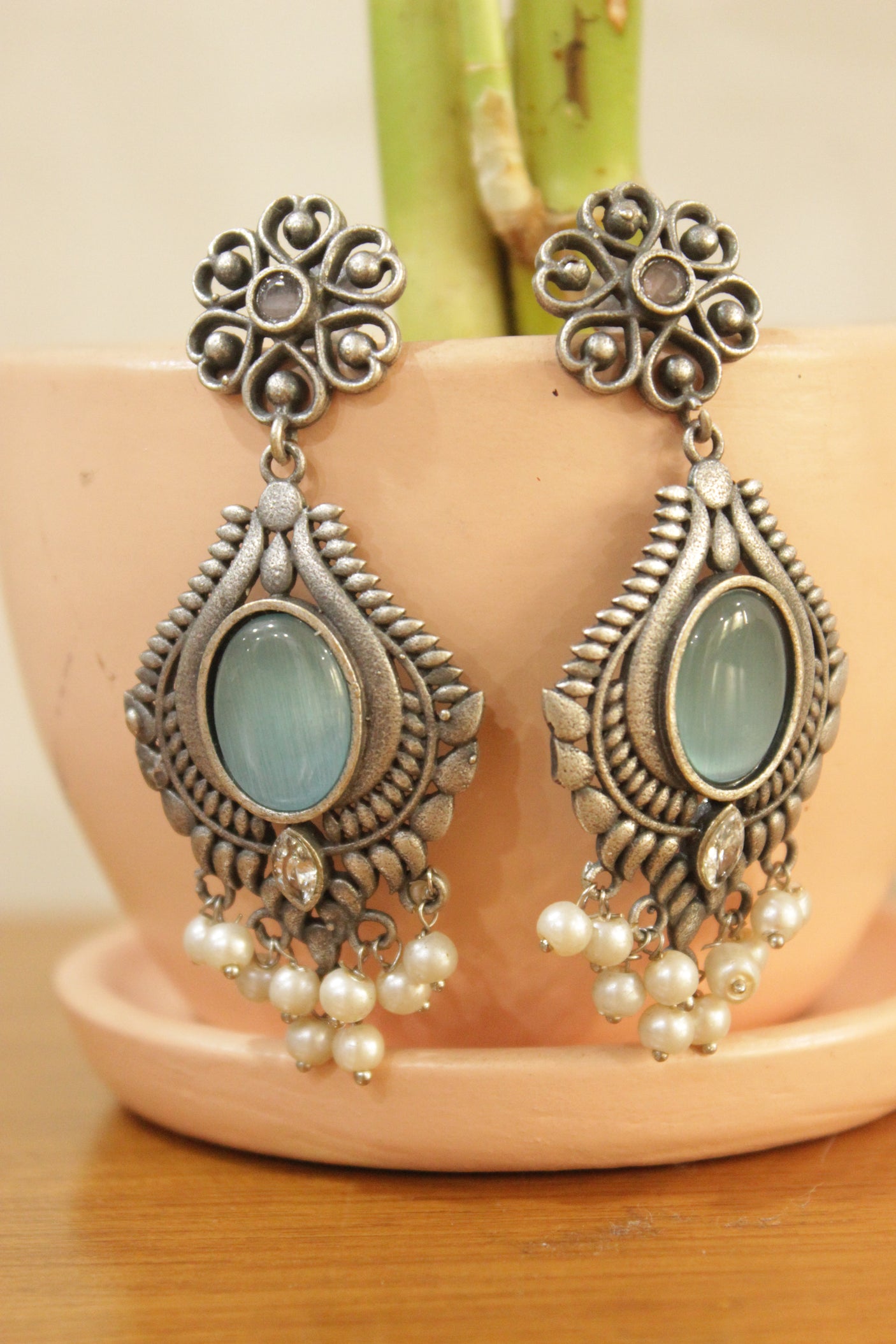 Blue Natural Gemstone Embedded Tear Drop Shaped Oxidised Finish Brass Earrings