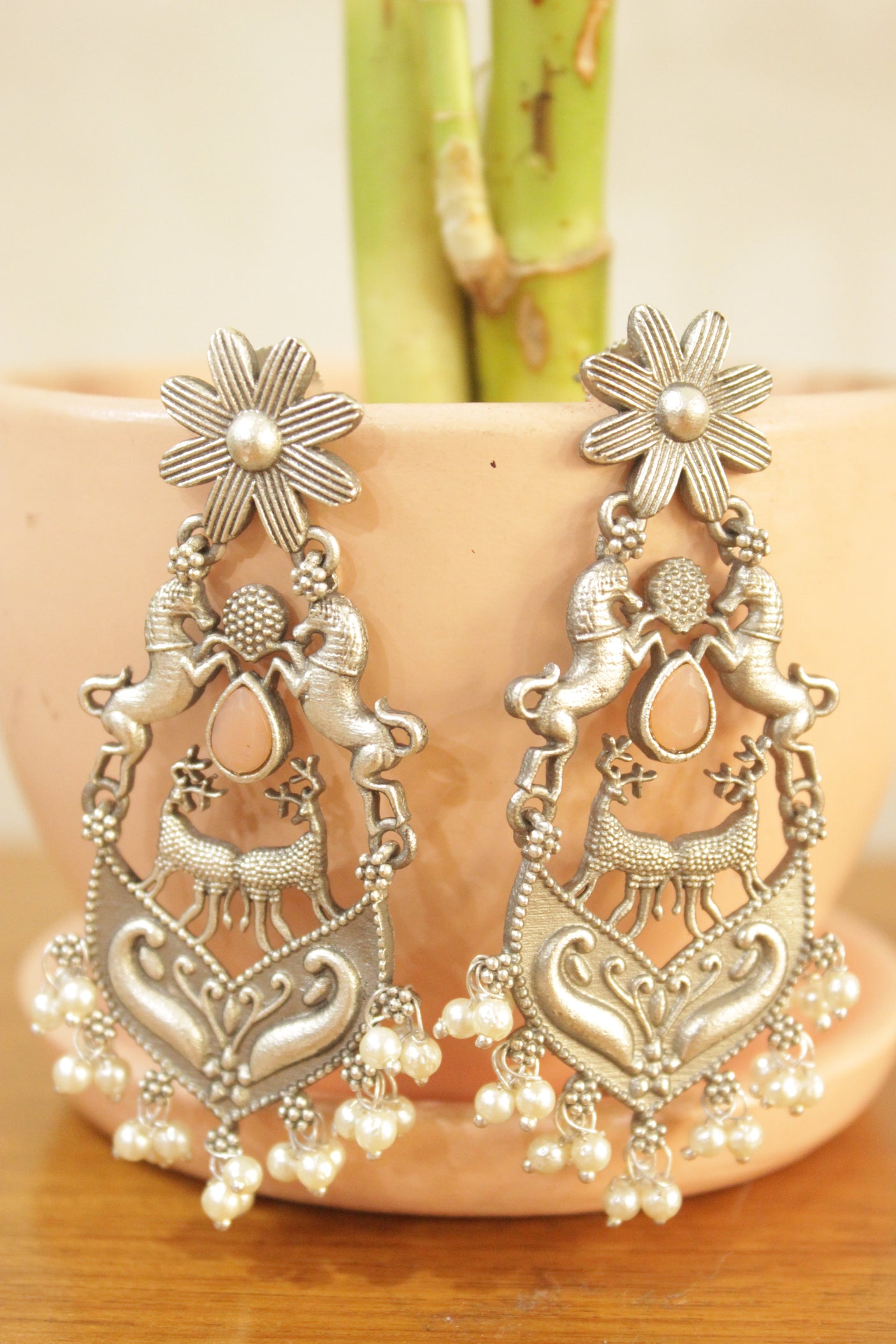 Horse and Deer Motifs Silver Finish Statement Brass Earrings