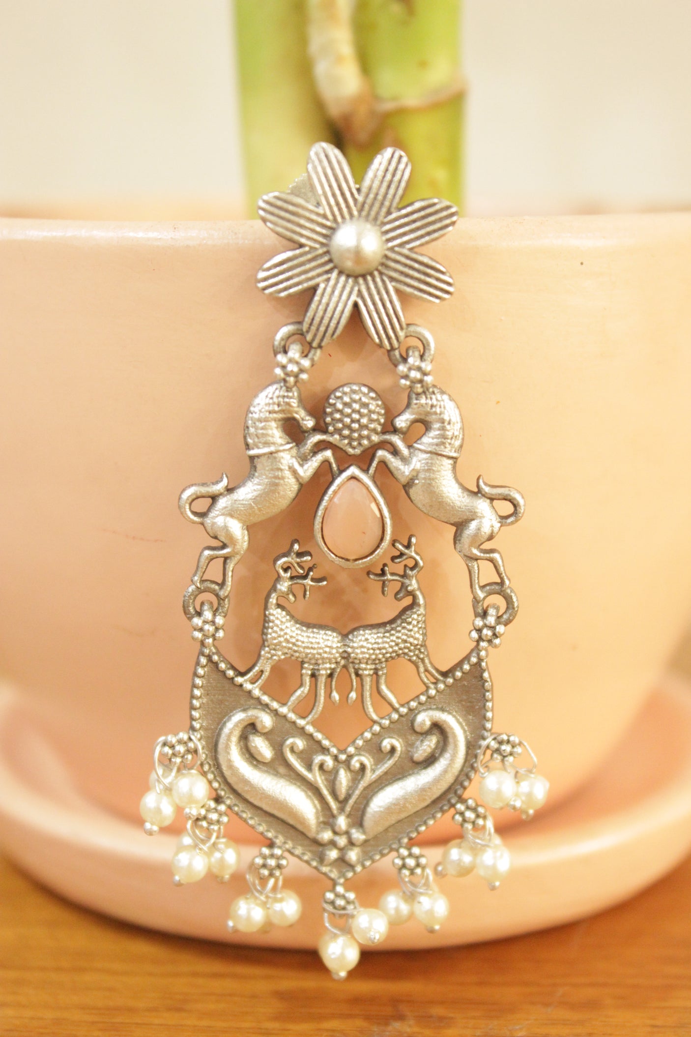 Horse and Deer Motifs Silver Finish Statement Brass Earrings