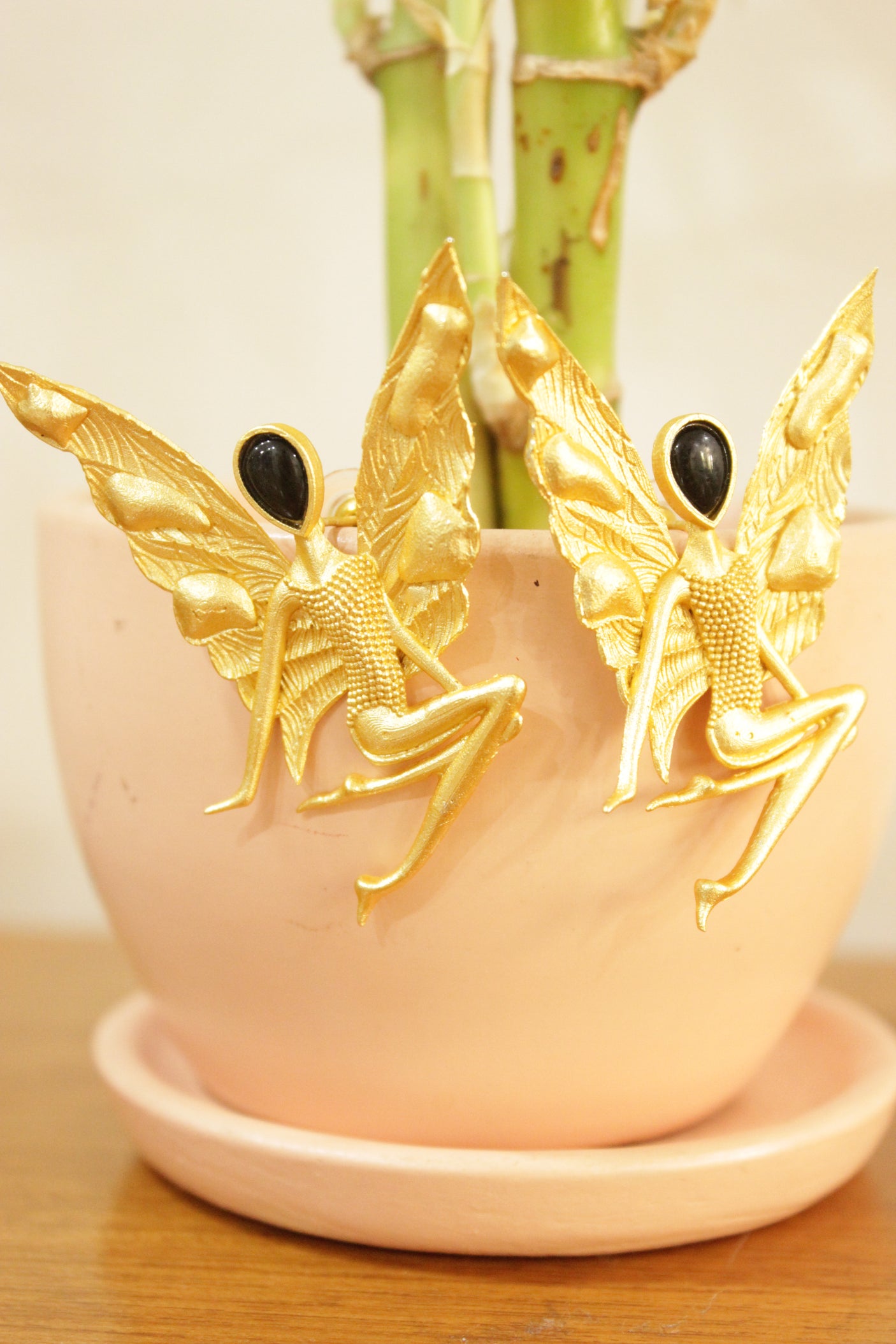 Butterfly and Girl Silhouette Bright Gold Finish Statement Earrings