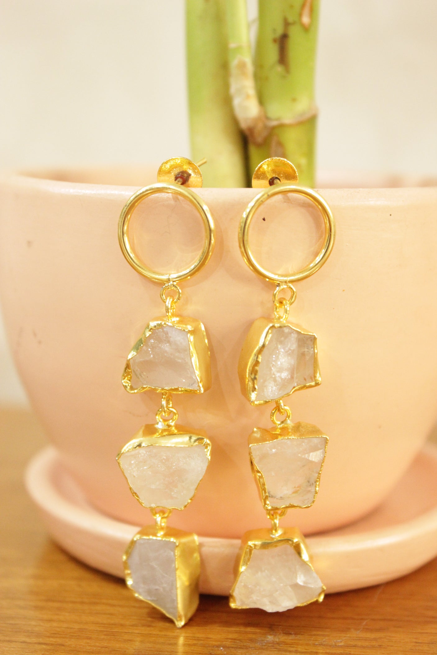 Ivory Natural Gemstones Embedded Gold Finish 4 Layer Brass Dangler Earrings