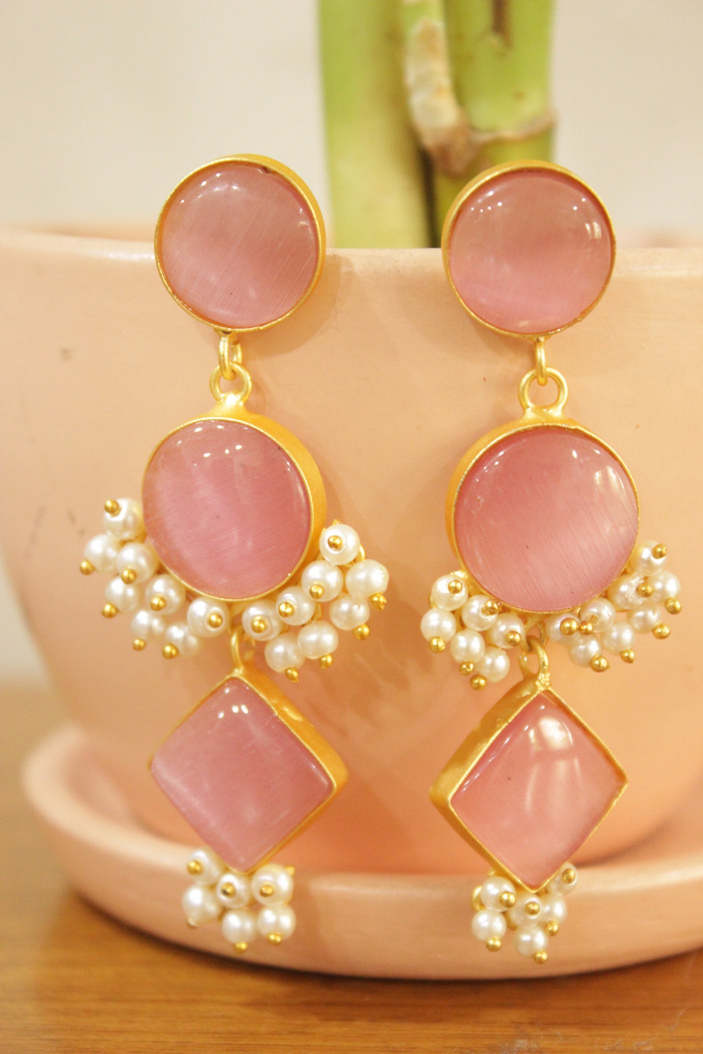 Baby Pink Natural Gemstones Embedded Gold Finish Brass Dangler Earrings Embellished with White Beads