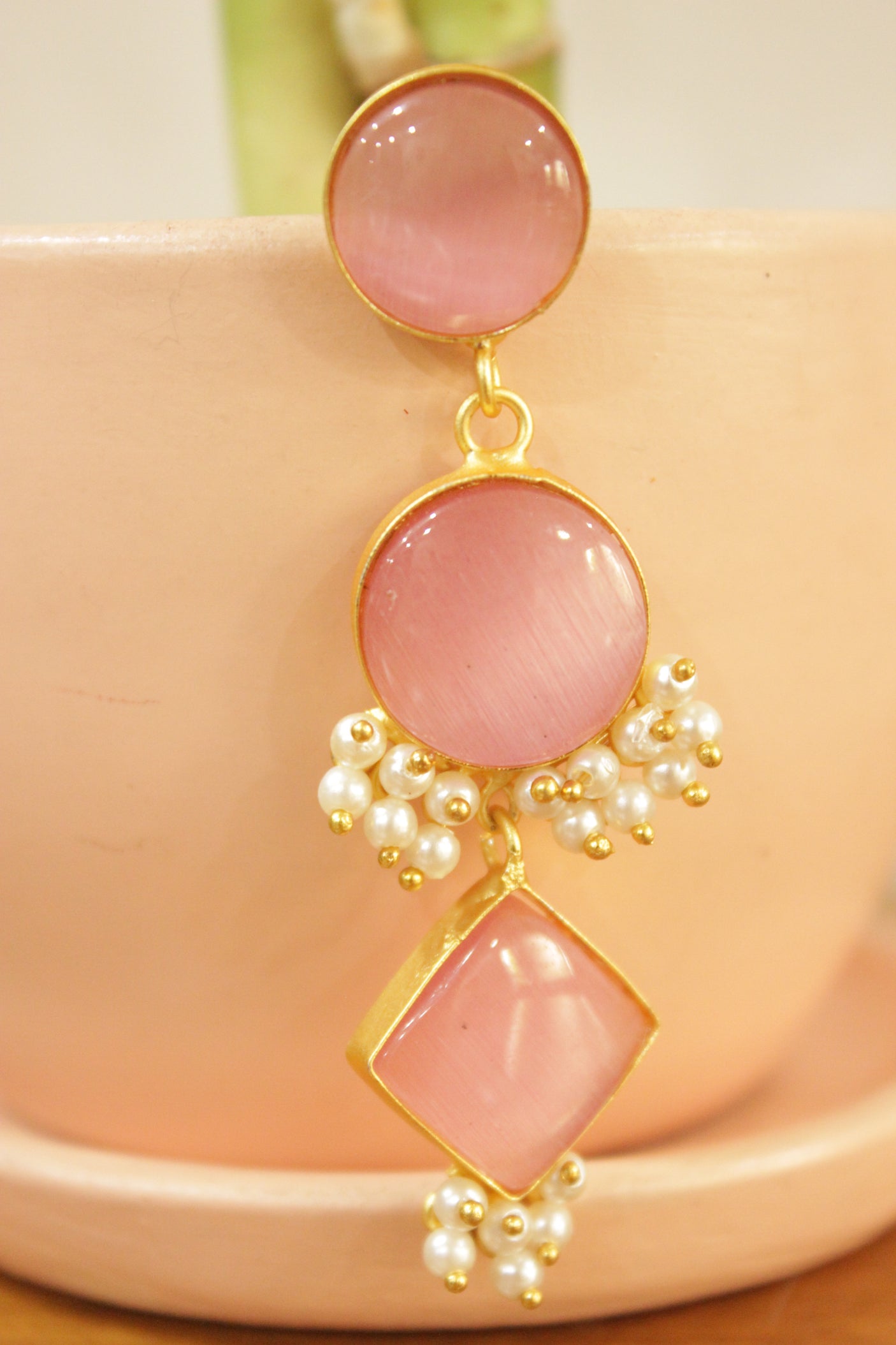 Baby Pink Natural Gemstones Embedded Gold Finish Brass Dangler Earrings Embellished with White Beads