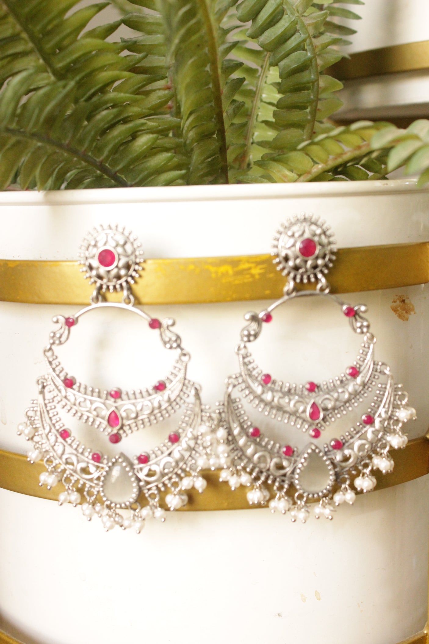 Silver Finish Intricately Detailed Metal Ethnic Earrings