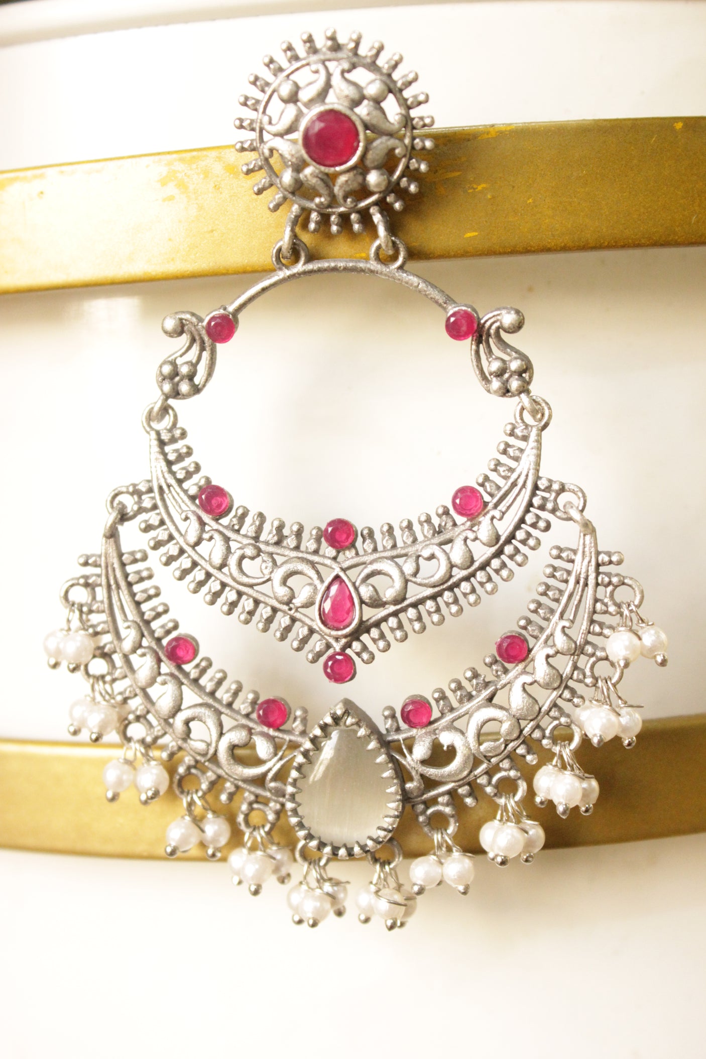 Silver Finish Intricately Detailed Metal Ethnic Earrings