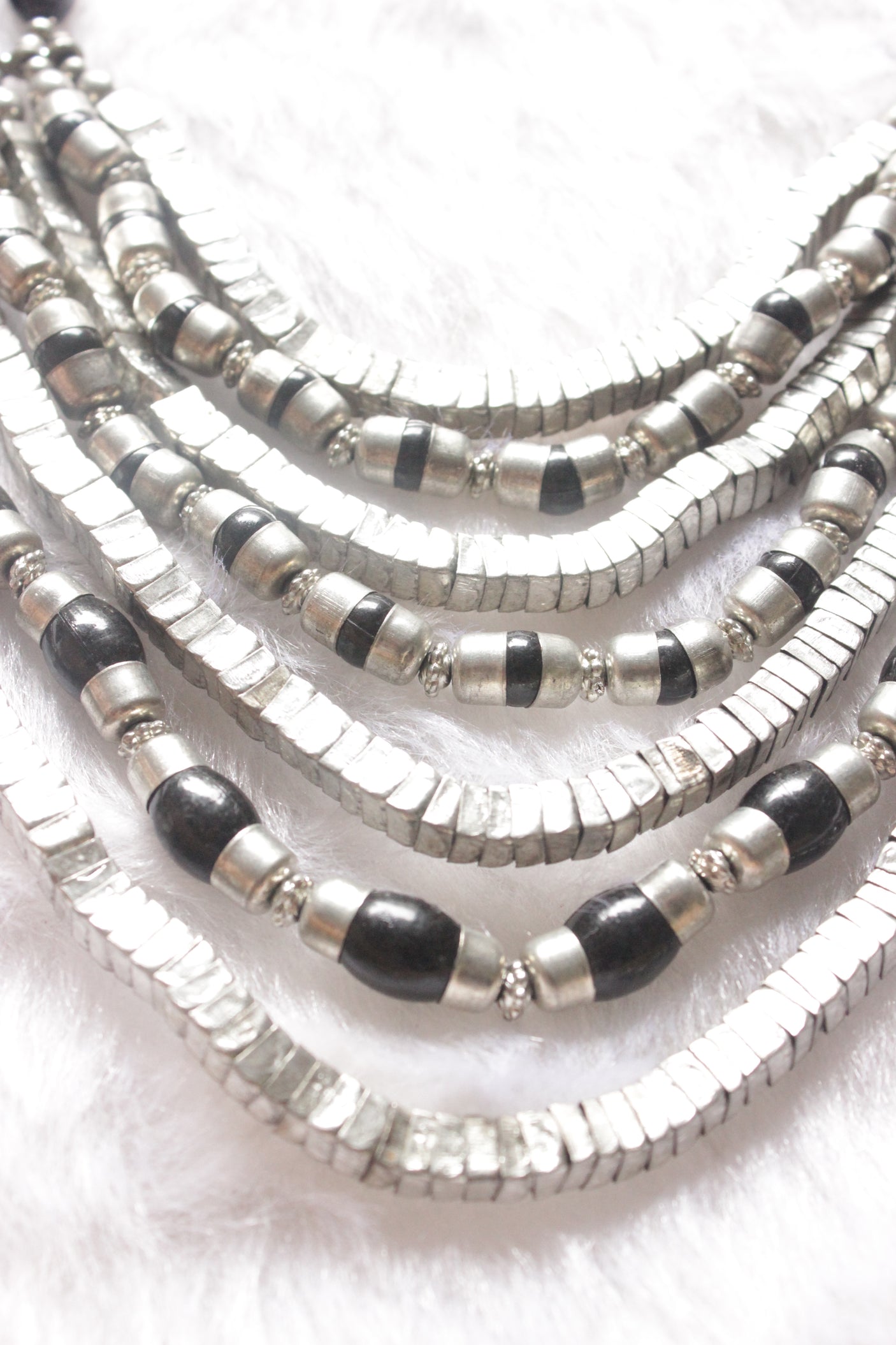 Silver and Black Braided Metal Beads Chain Necklace