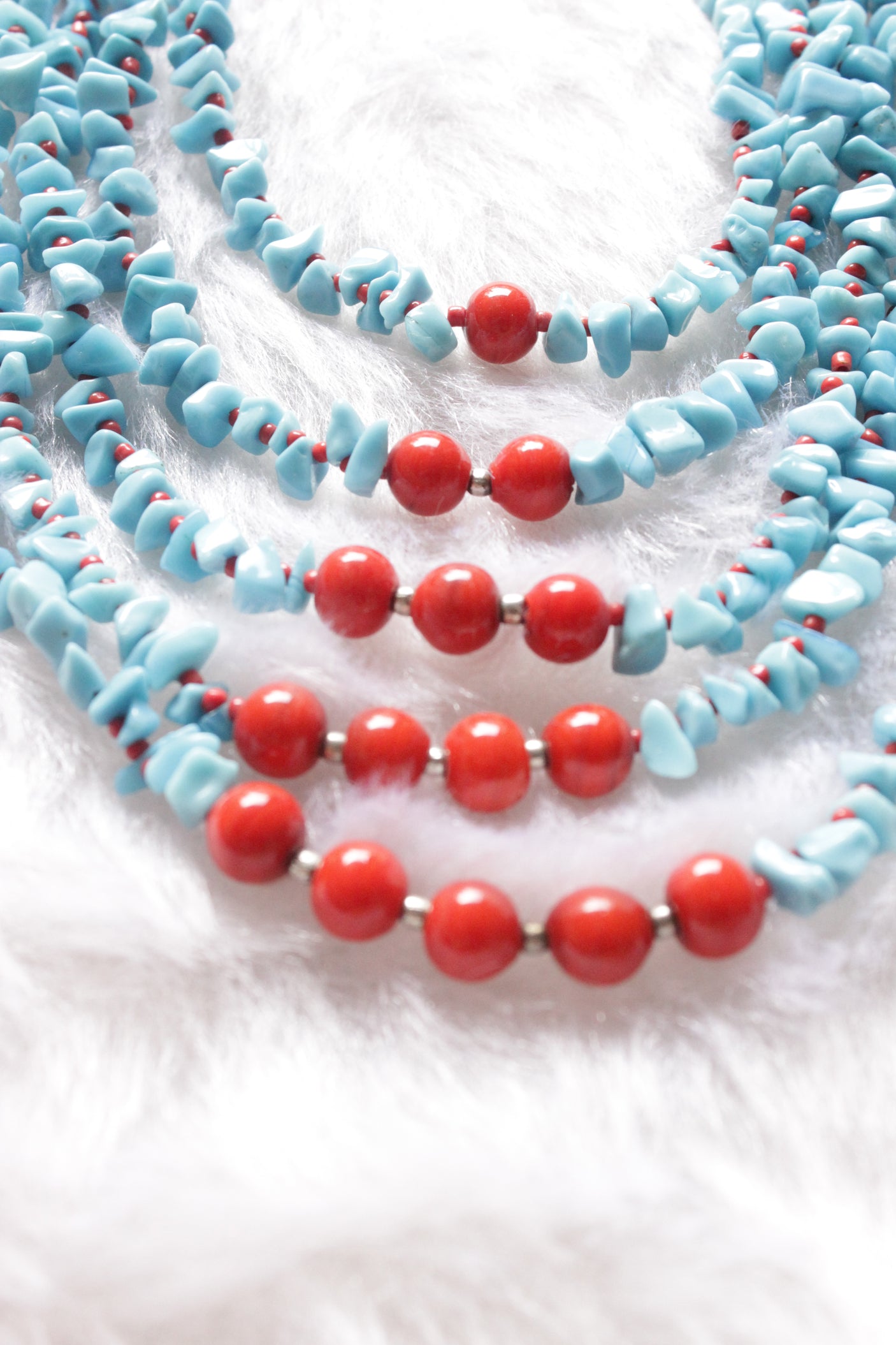 Turquoise and Red Acrylic Beads Vibrant 5 Layer Necklace