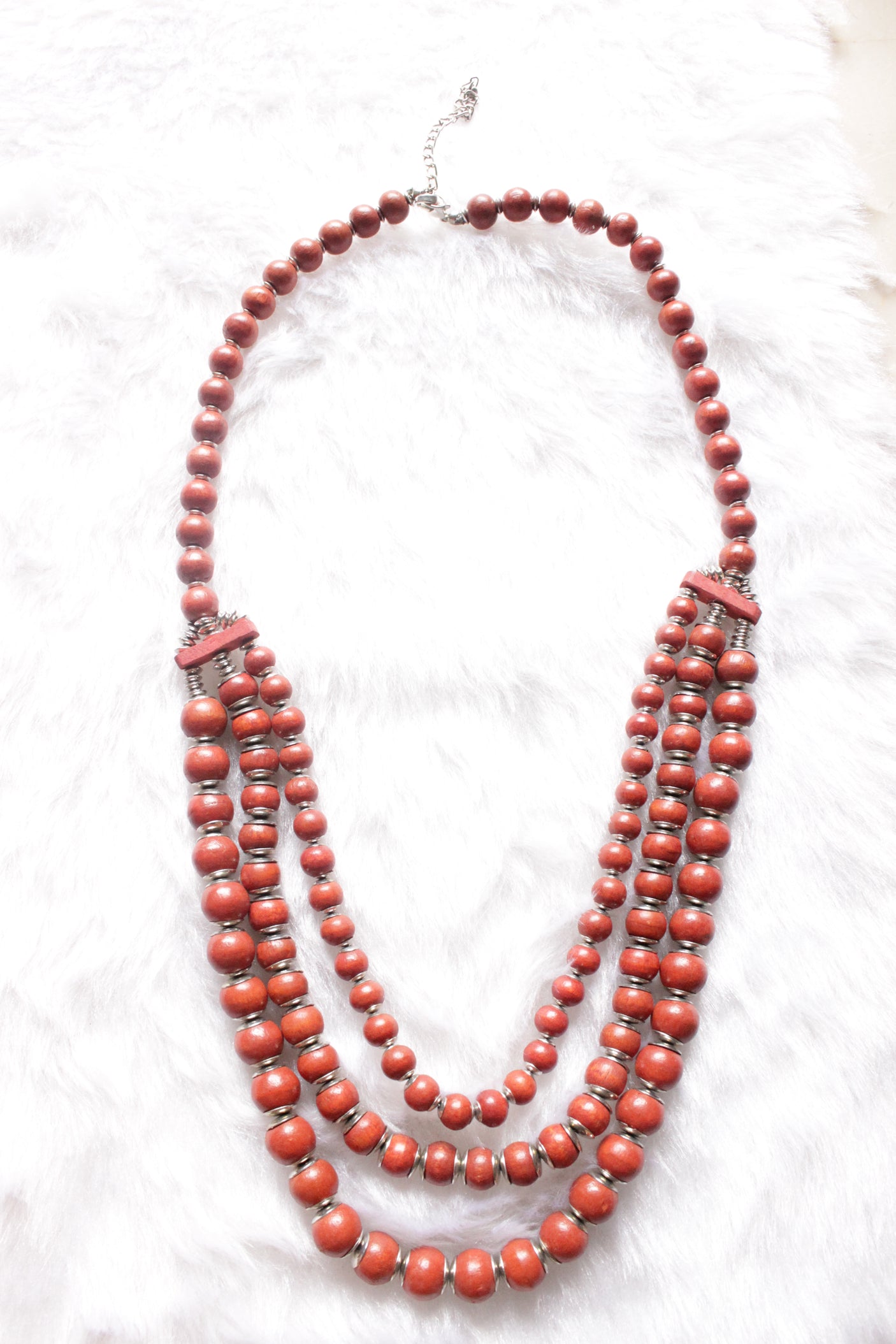 Rust Orange Wooden Beads Braided 3 Layer Necklace